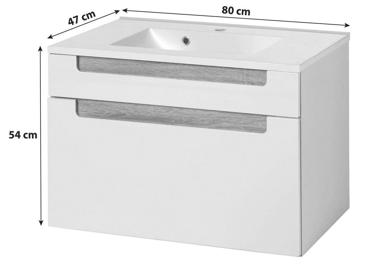 Waschtischkombination in 80 cm  - Weiss/Eichefarben, Modern, Holzwerkstoff/Stein (80cm) - Held