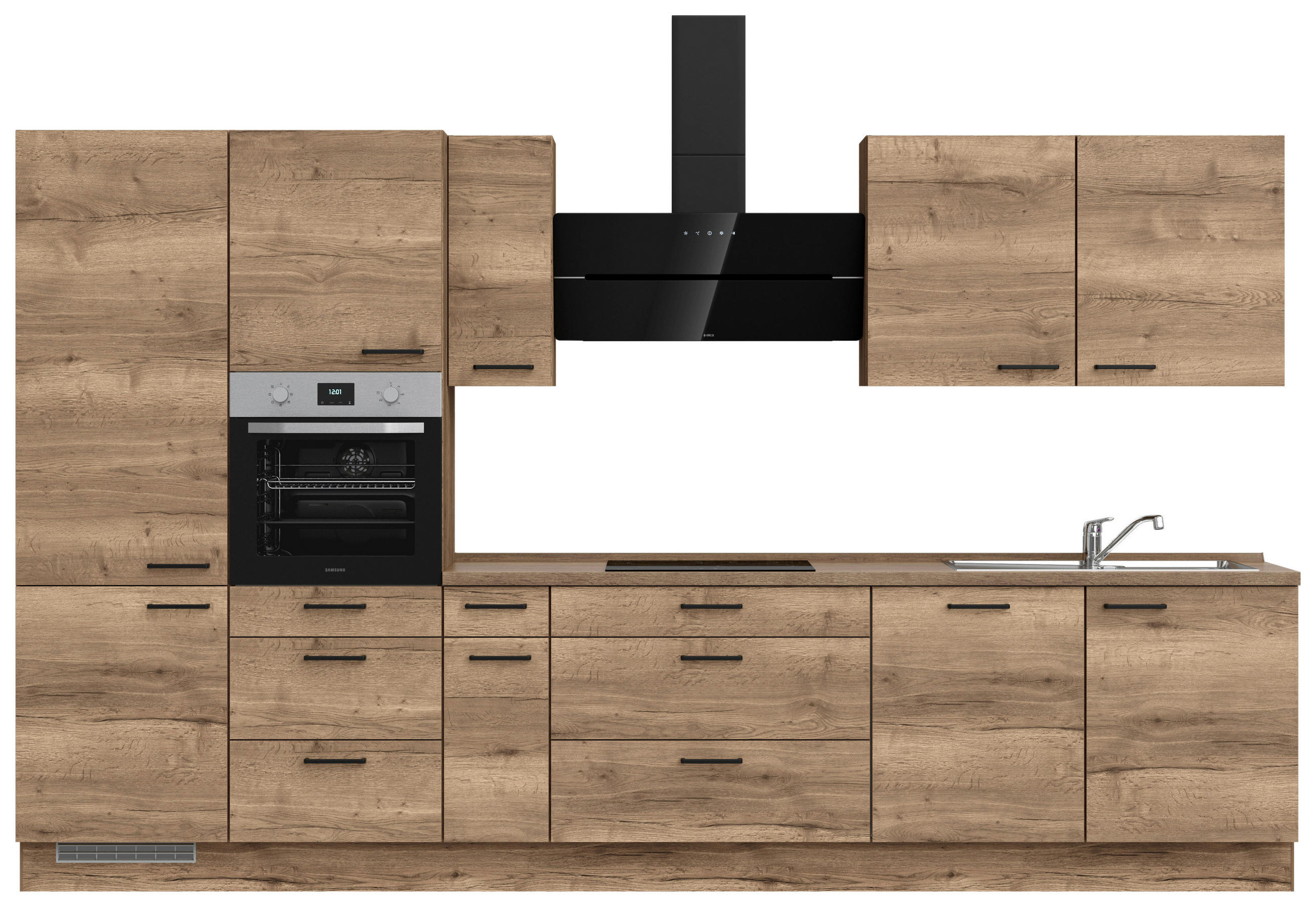 BUCĂTĂRIE FĂRĂ ELECTROCASNICE  - stejar închis la culoare/negru, Modern, metal/material pe bază de lemn (360cm) - Nobilia