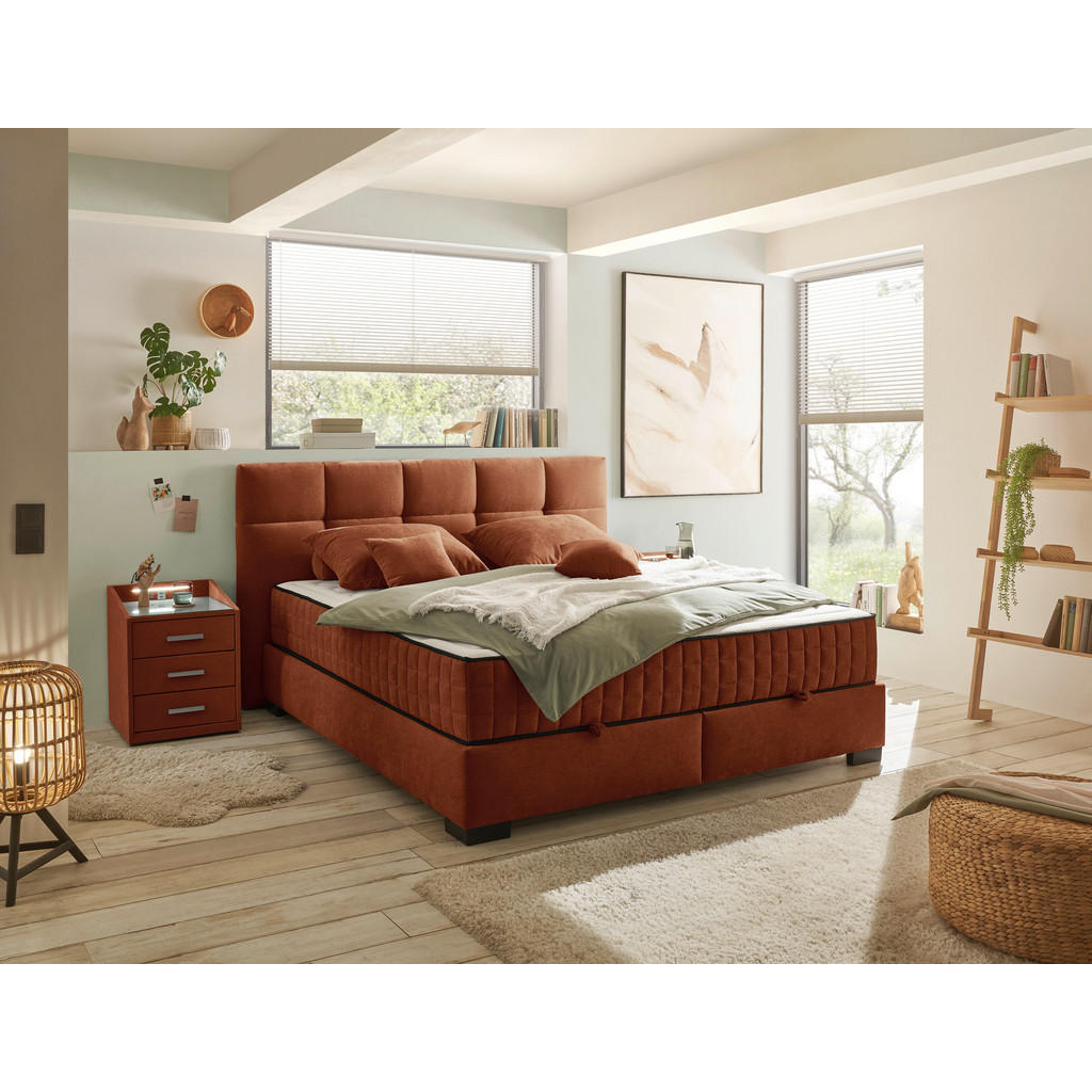 Thumbnail - Mid.you Boxbett, Cognac, Textil, H3 + H4, 9-Zonen, 160x200 cm, Bettkasten, gepolstertes Kopfteil, Federkernmatratze, Wen...