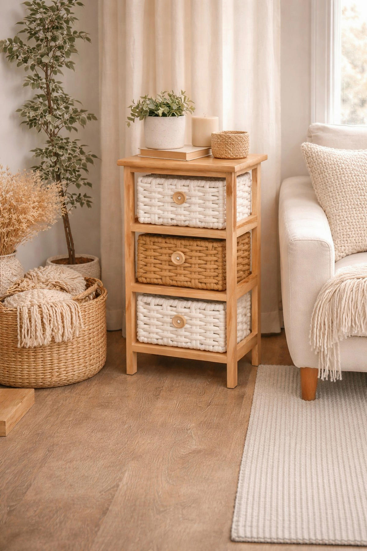 KOMMODE , , 3 Schublade(n)  - Creme/Braun, Design, Holz/Textil (25/30/58cm) - MID.YOU