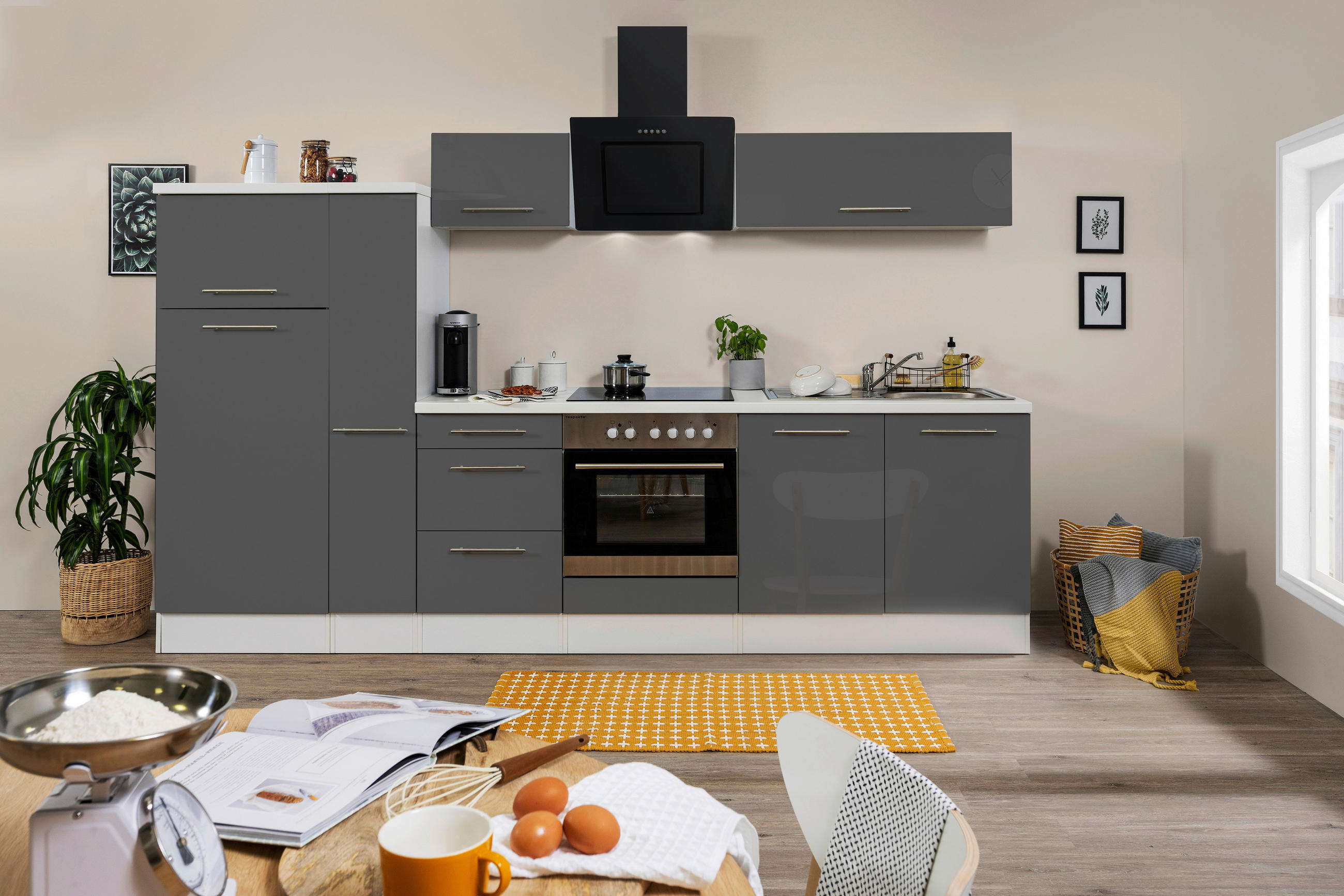 KÜCHENBLOCK 300 cm Grau, Weiß E-Geräte, Spüle, Soft-Close-System, Ab- und Überlaufgarnitur, Herdanschlusskabel - Edelstahlfarben/Weiß, KONVENTIONELL, Metall (300cm) - Respekta