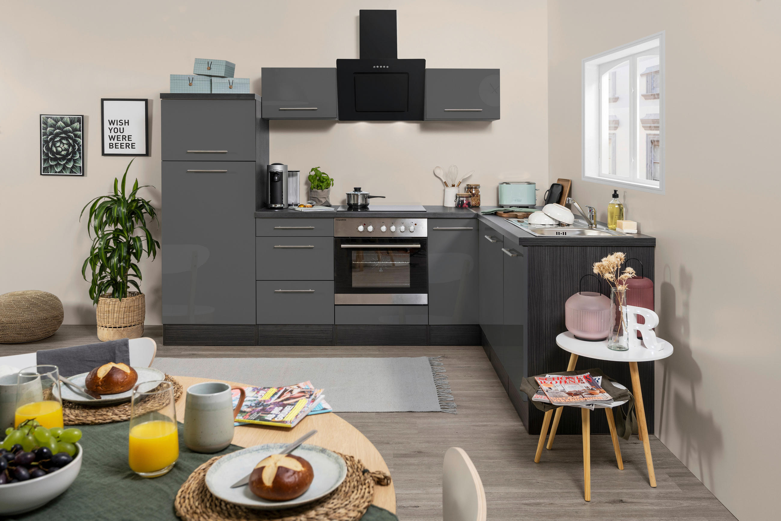 ECKKÜCHE 260/200 cm Grau E-Geräte, Spüle, Soft-Close-System, Geschirrspülerblende, Ab- und Überlaufgarnitur - Eichefarben/Alufarben, KONVENTIONELL (260/200cm) - Respekta