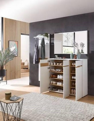 Thumbnail - Voleo Garderobe Memphis, Weiß, Eiche Artisan, Glas, Holzwerkstoff, 3-teilig, 181x190x38 cm, Garderobe, Garderoben-Sets &...