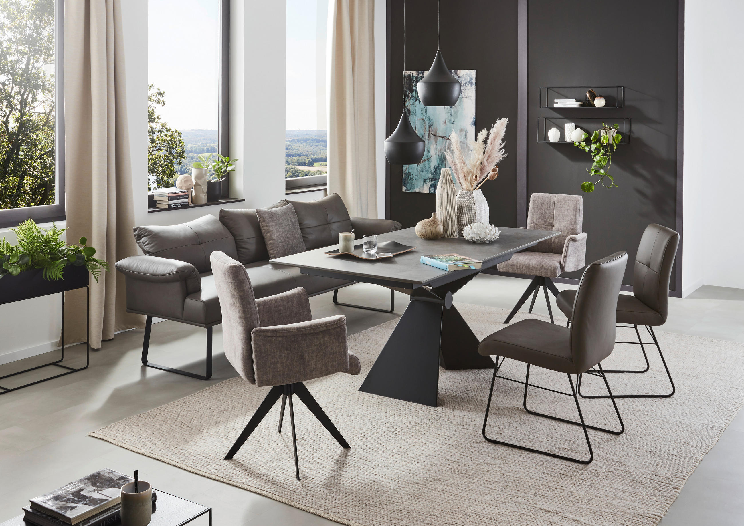 SITZBANK 239/86/69 cm in Anthrazit, Schwarz - Anthrazit/Schwarz, Design, Leder/Holz (239/86/69cm) - Dieter Knoll