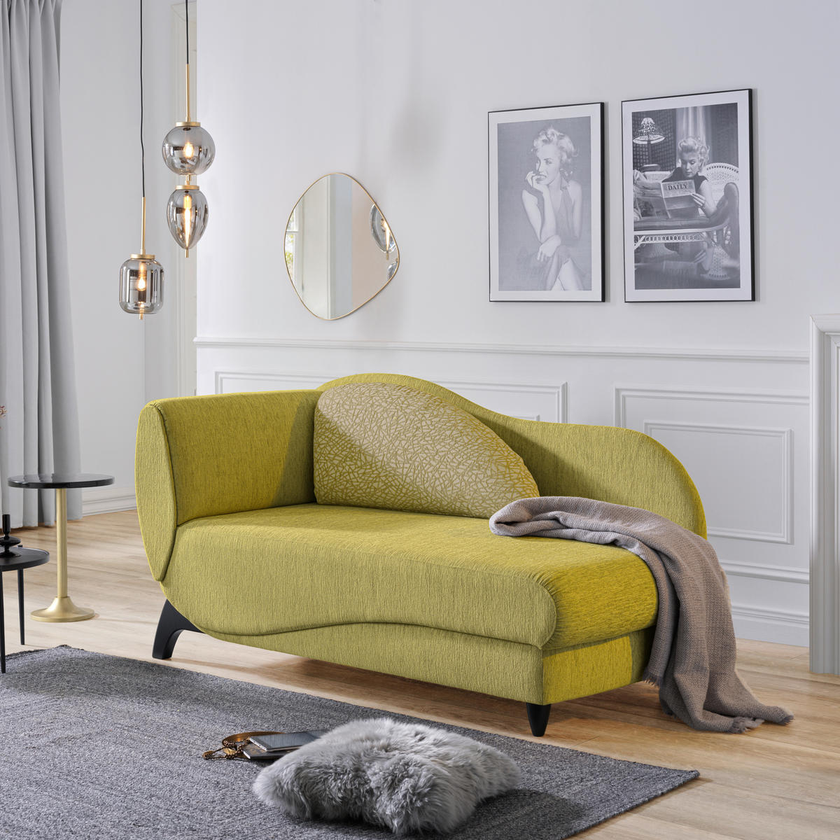 RÉCAMIERE in Webstoff Hellgrün  - Schwarz/Hellgrün, Modern, Holz/Textil (84/87/171-190cm) - Joka