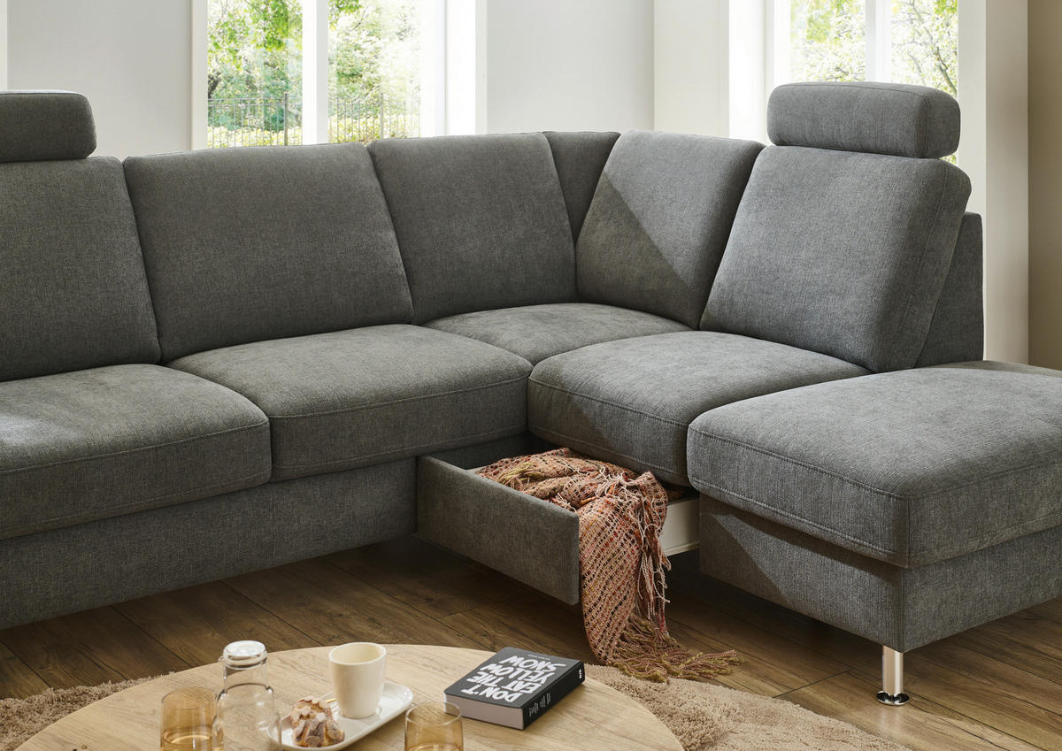 ECKSOFA in Webstoff Dunkelgrau  - Dunkelgrau/Alufarben, Konventionell, Textil/Metall (241/200cm) - Beldomo System