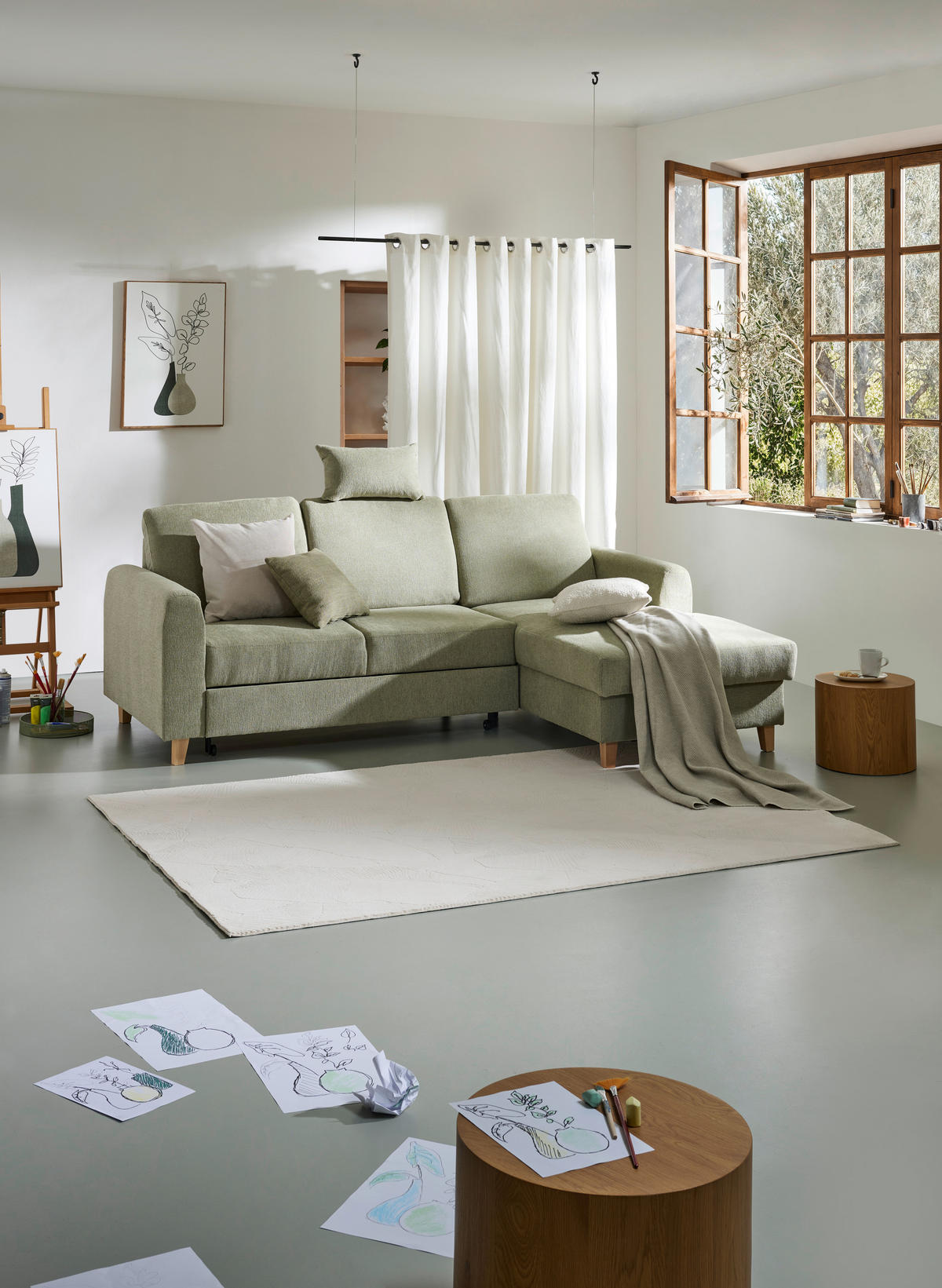 ECKSOFA Hellgrün Flachgewebe  - Buchefarben/Hellgrün, KONVENTIONELL, Holz/Textil (241/166cm) - Carryhome