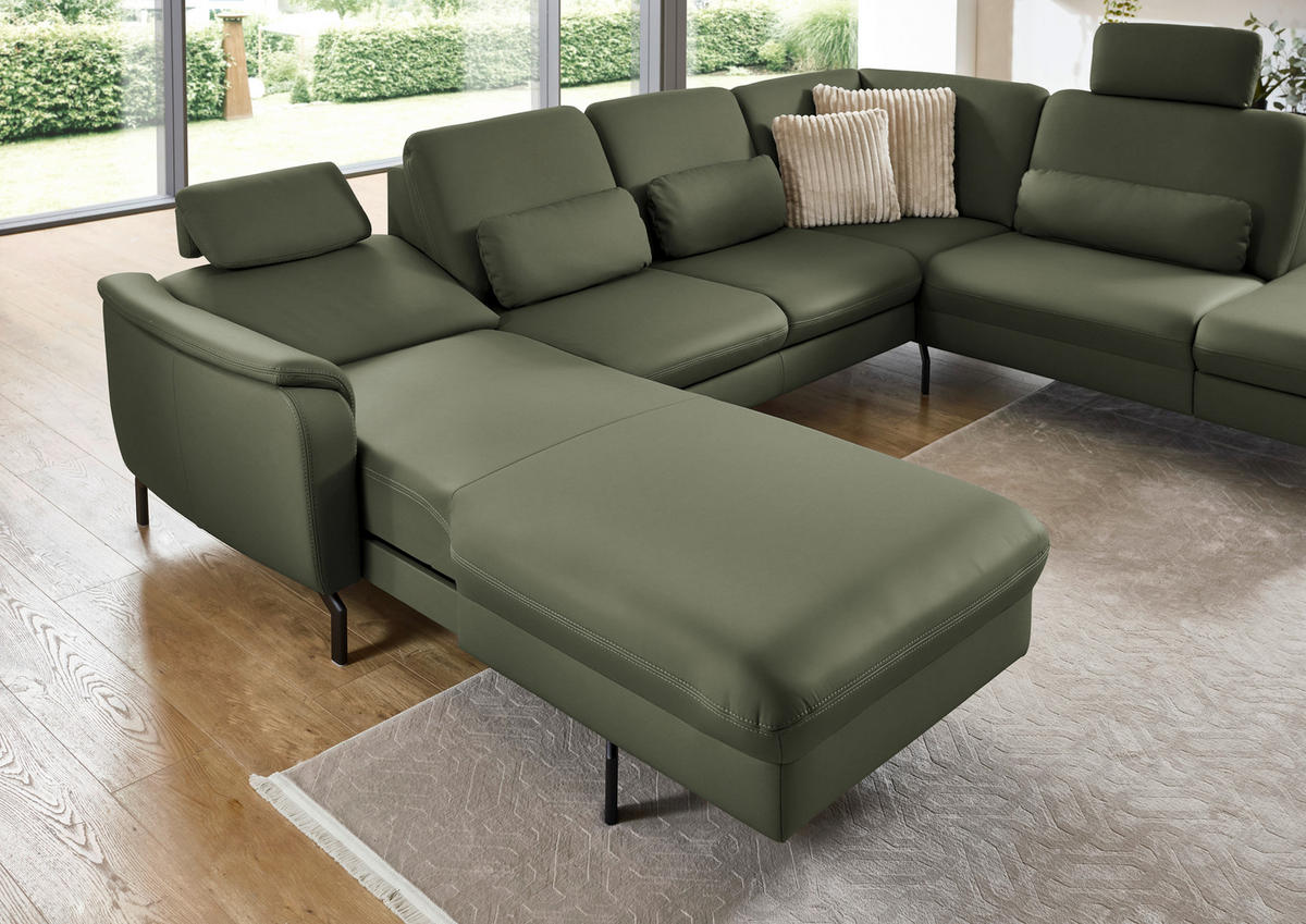 WOHNLANDSCHAFT Echtleder Olivgrün  - Schwarz/Olivgrün, Konventionell, Leder/Metall (168/306/224cm) - Beldomo Premium