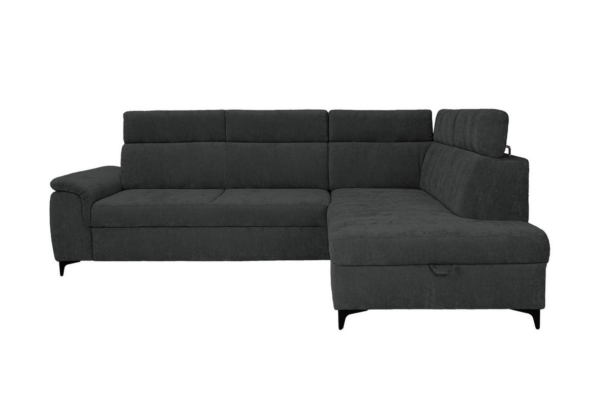 ECKSOFA Schwarz Chenille Bettkasten, Schlaffunktion, Rücken echt, Kopfteilverstellung, Liegefläche im Originalstoff  - Schwarz, KONVENTIONELL, Textil/Metall (265/206cm) - Carryhome