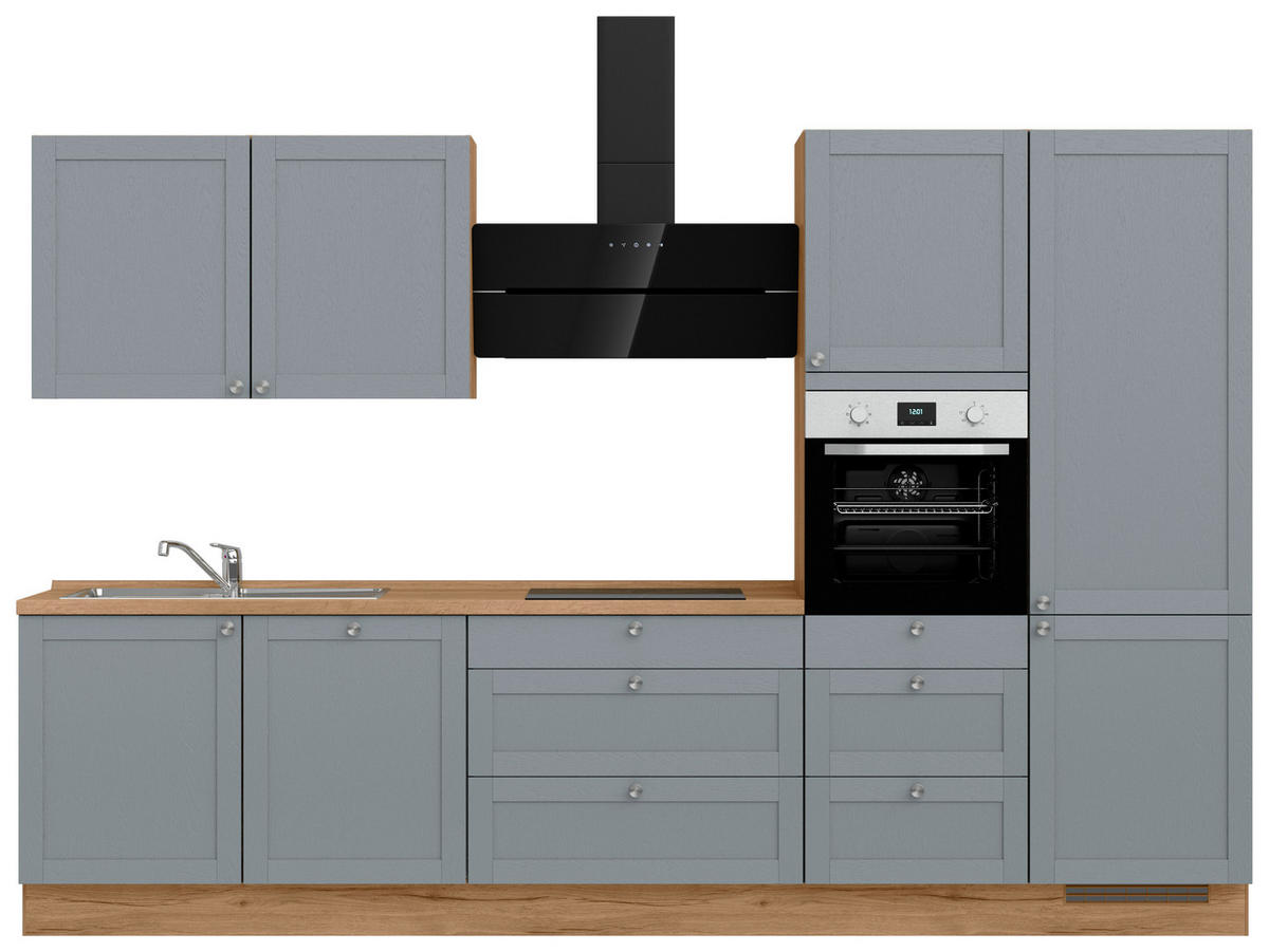 KÜCHENBLOCK Frame 330 cm  in Eichefarben, Blaugrau  - Edelstahlfarben/Eichefarben, MODERN, Holzwerkstoff/Metall (330cm) - Nobilia
