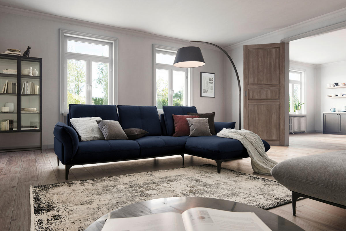 ECKSOFA in Echtleder Dunkelblau  - Schwarz/Dunkelblau, Natur, Leder (277/182cm) - Valnatura