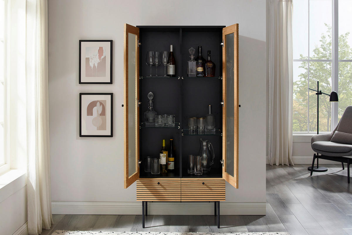 VITRINE  in furniert Eiche Schwarz, Eichefarben - Klar/Eichefarben, Design, Glas/Holz (79/179/43cm) - Livetastic