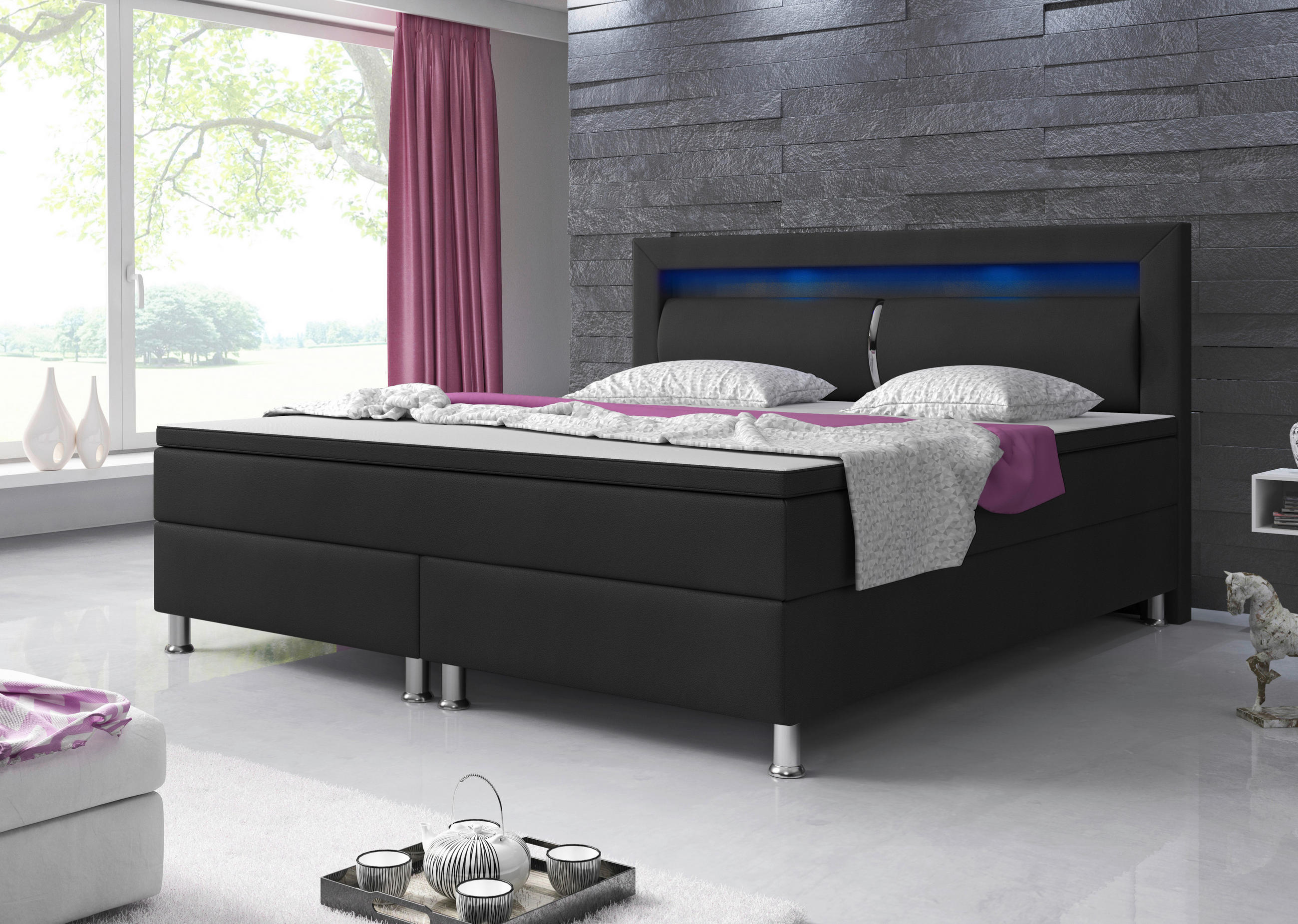 Boxspringbett mit Topper /  in Schwarz  - Silberfarben/Schwarz, KONVENTIONELL, Leder/Textil (180/115/210cm) - MID.YOU