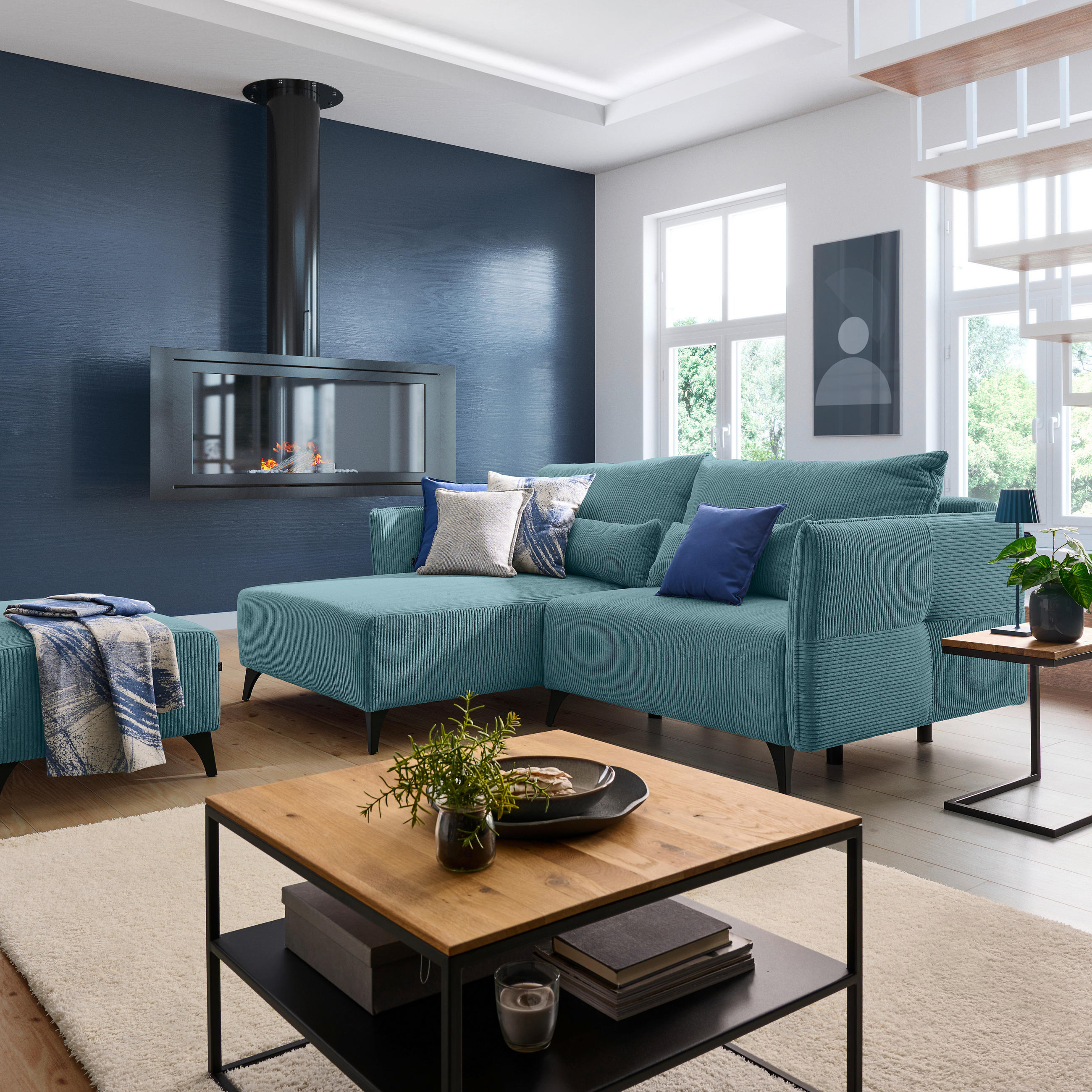 ECKSOFA Türkis Cord  - Türkis/Schwarz, Design, Textil/Metall (175/254cm) - Stylife