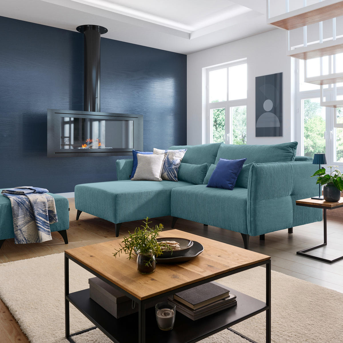 ECKSOFA Türkis Cord  - Türkis/Schwarz, Design, Textil/Metall (175/254cm) - Stylife