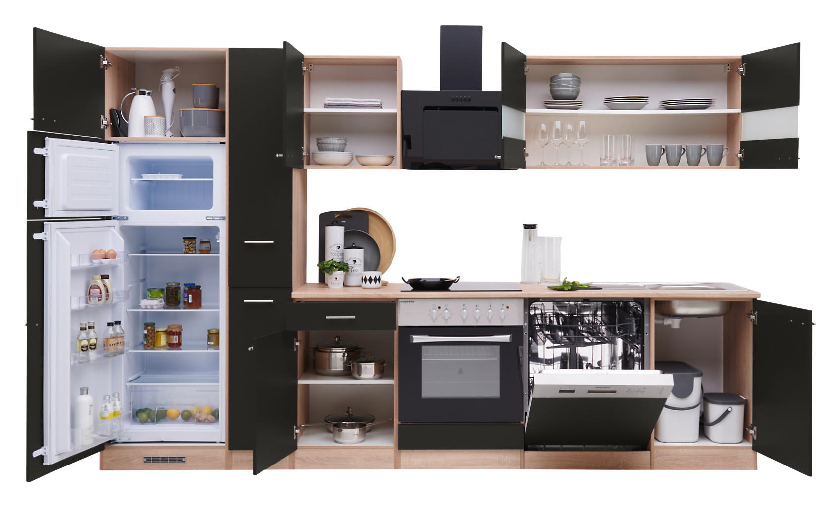 KÜCHENBLOCK 310 cm   in Schwarz, Eichefarben  - Eichefarben/Schwarz, Basics, Holzwerkstoff (310cm) - Respekta