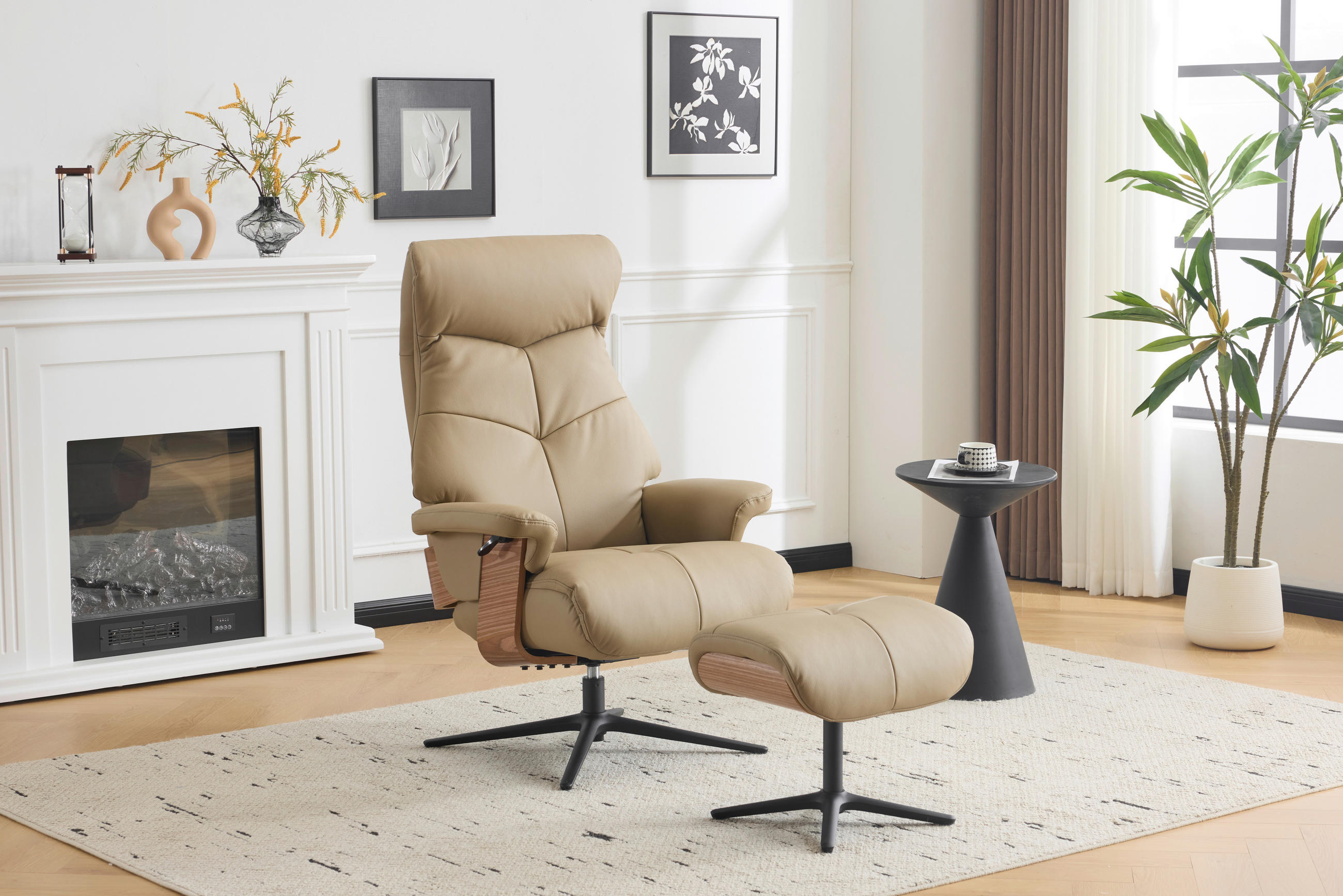 RELAXAČNÍ KŘESLO S TABURETEM, dřevo, textil, kůže, šedohnědá - černá/šedohnědá, Design, kov/dřevo (78/111/81cm) - Livetastic