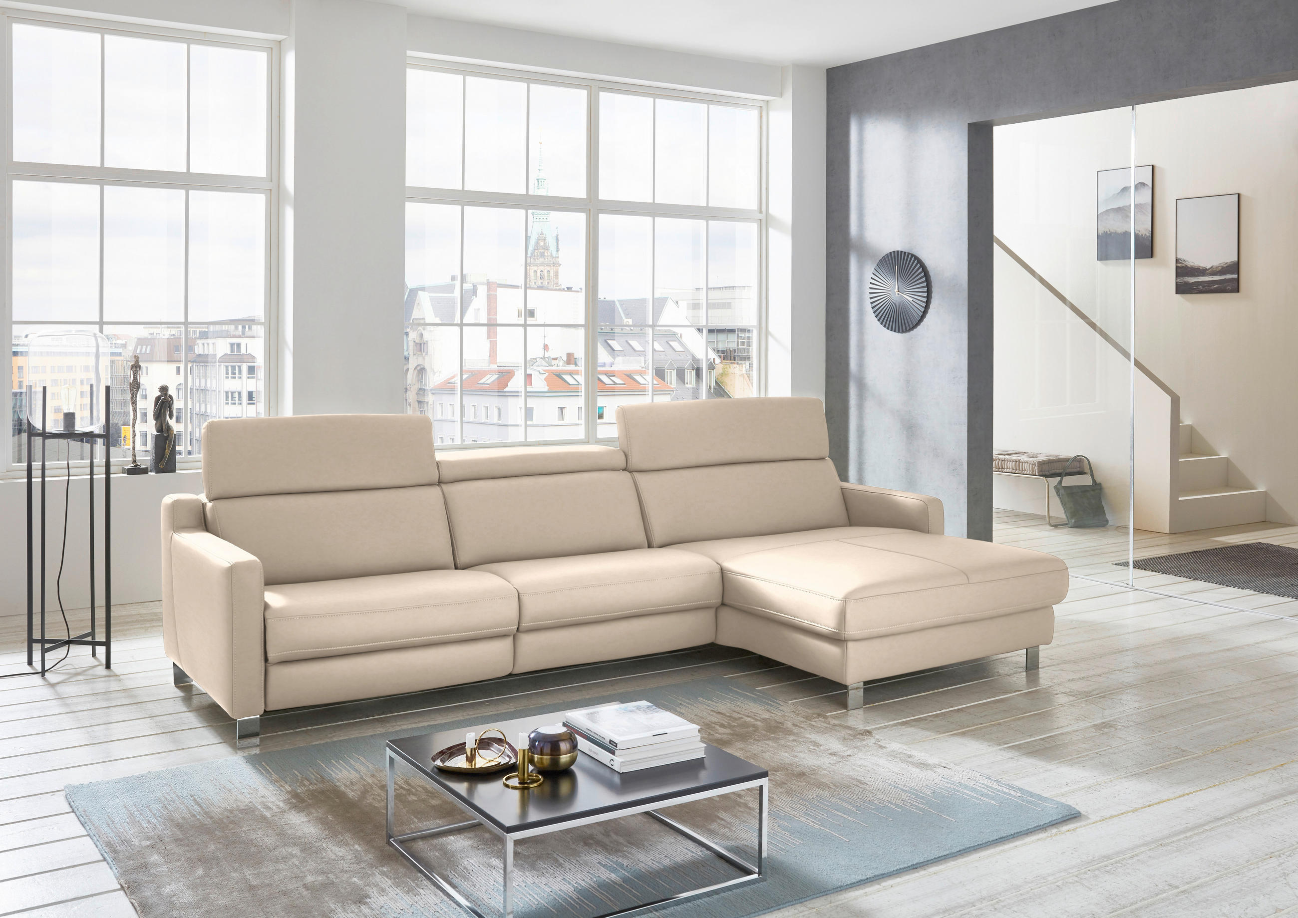 ECKSOFA in Echtleder Hellbraun  - Chromfarben/Hellbraun, Design, Leder/Metall (291/176cm) - Valdera