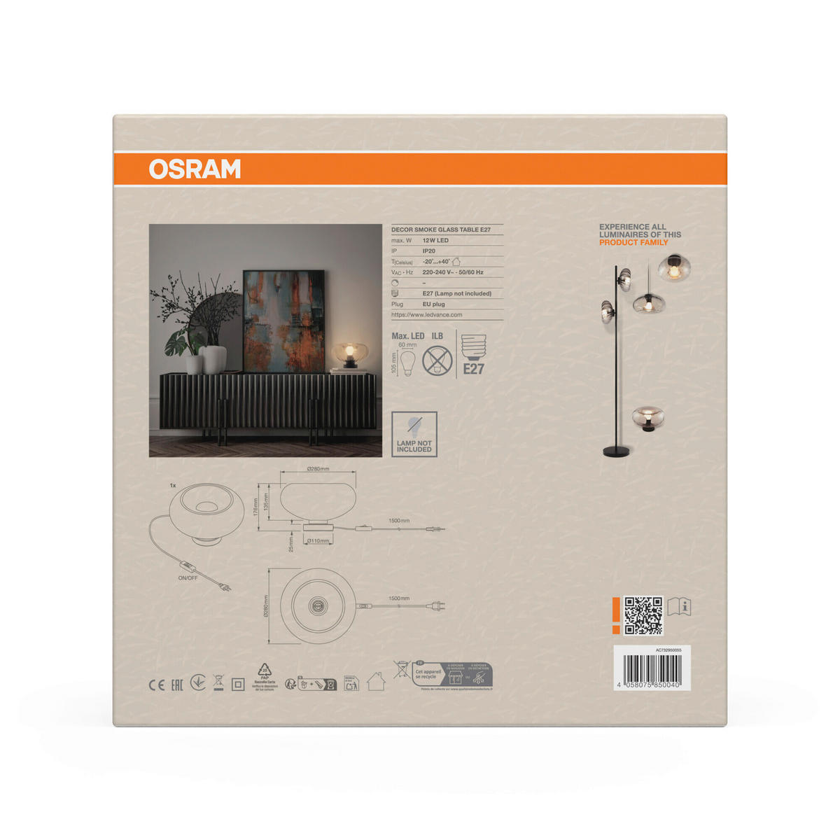 TISCHLEUCHTE 28/17,6 cm   - Schwarz, Design, Glas/Metall (28/17,6cm) - Osram