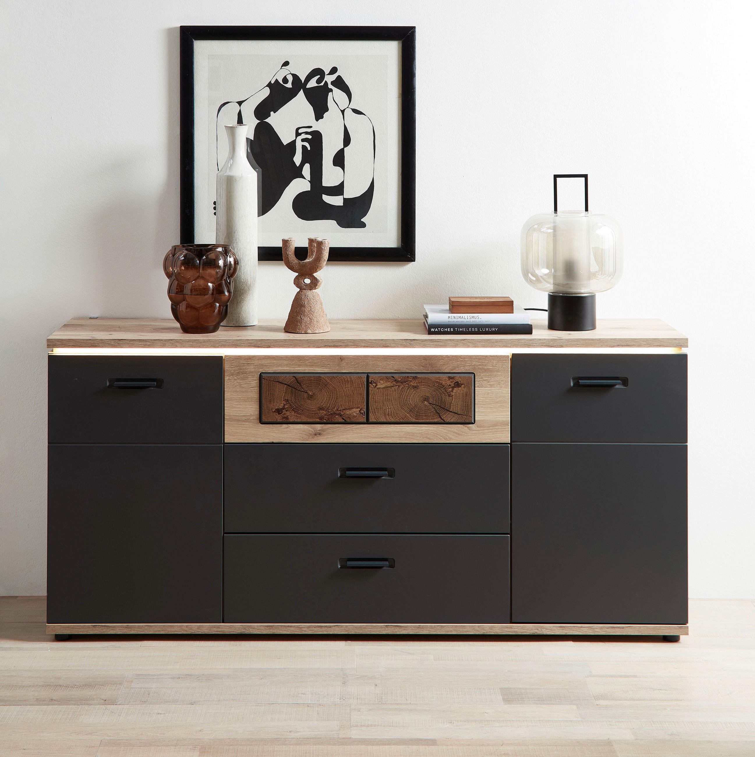 KOMODA, barve grafita, barve hrasta - barve hrasta/barve grafita, Moderno, kovina/leseni material (180/86/43cm) - Stylife