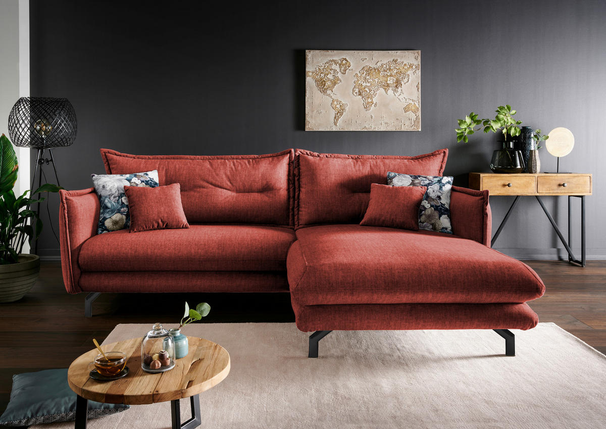 ECKSOFA in Velours Koralle  - Türkis/Koralle, Modern, Textil/Metall (255/180cm) - Livetastic