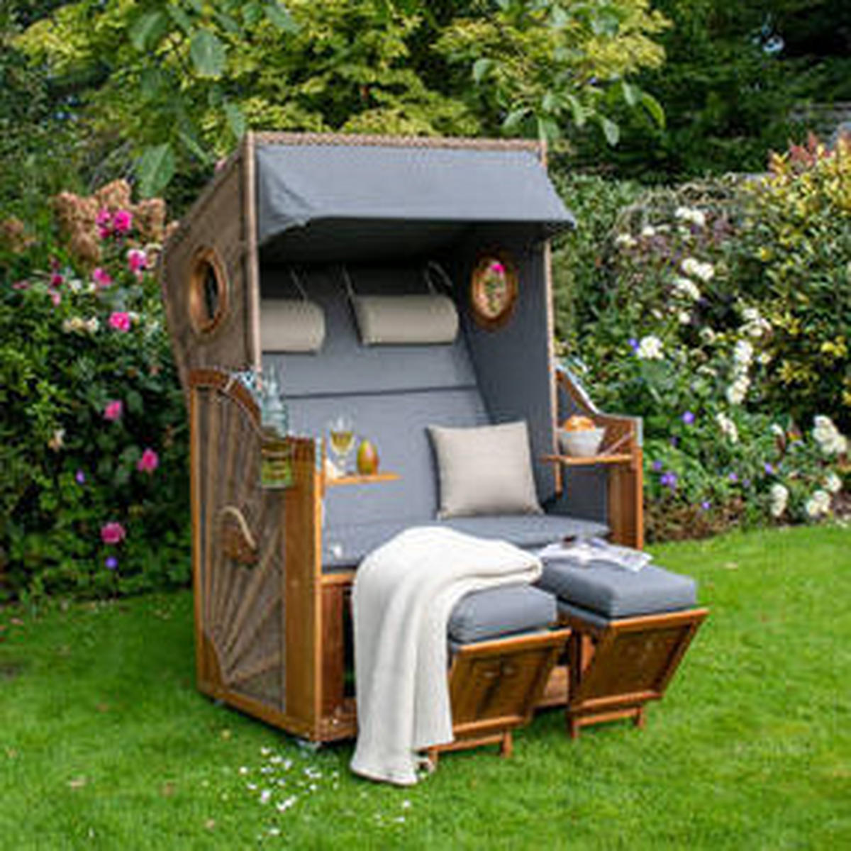 STRANDKORB Grau, Akaziefarben, Beige  - Beige/Grau, Basics, Holz/Textil (120/155/80cm)