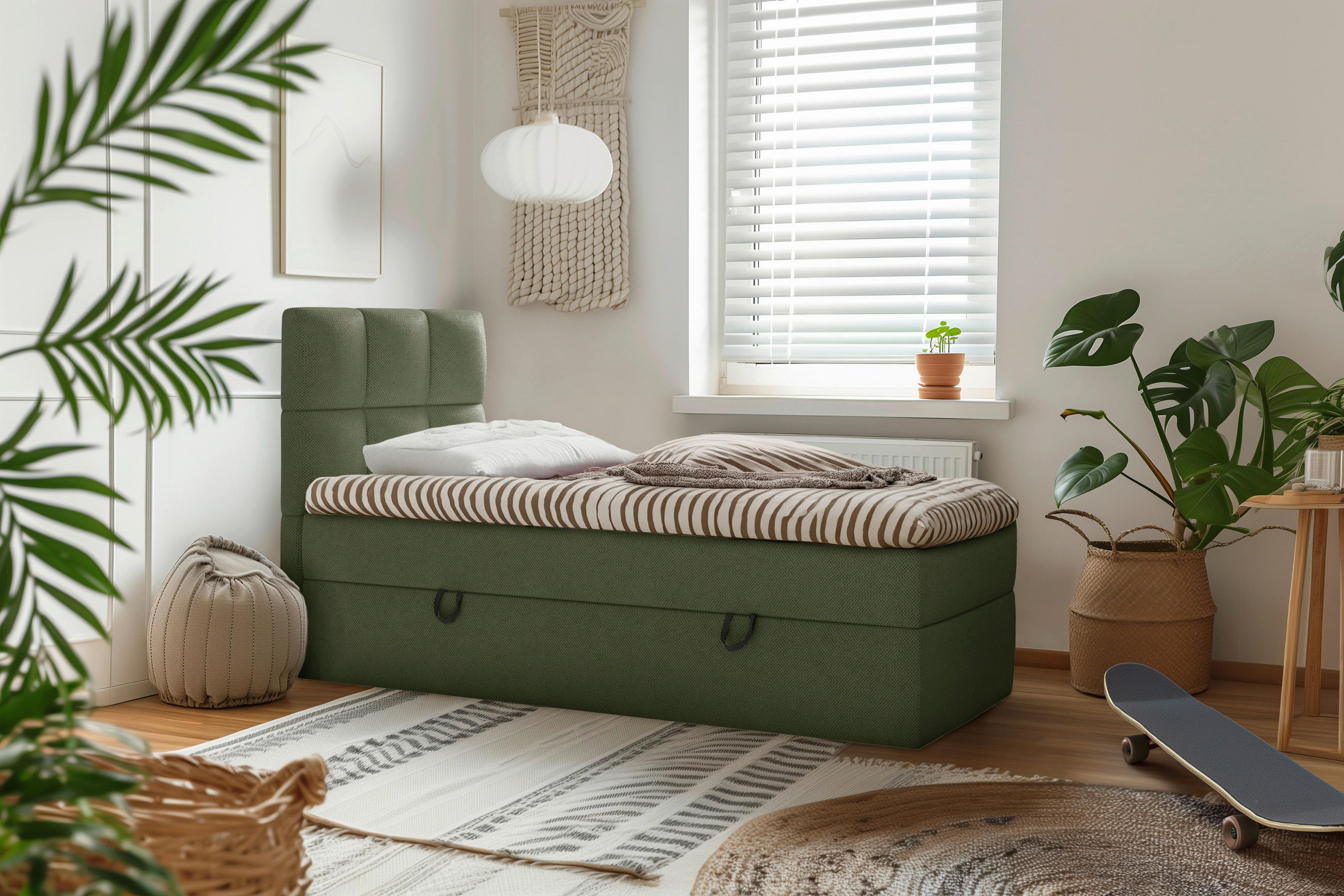 BOXBETT 90/200 cm,  in Dunkelgrün, gepolstertes Kopfteil, Bettkasten, Topper, H3 = fest  - Dunkelgrün/Schwarz, MODERN, Holz/Holzwerkstoff (90/200cm) - MID.YOU