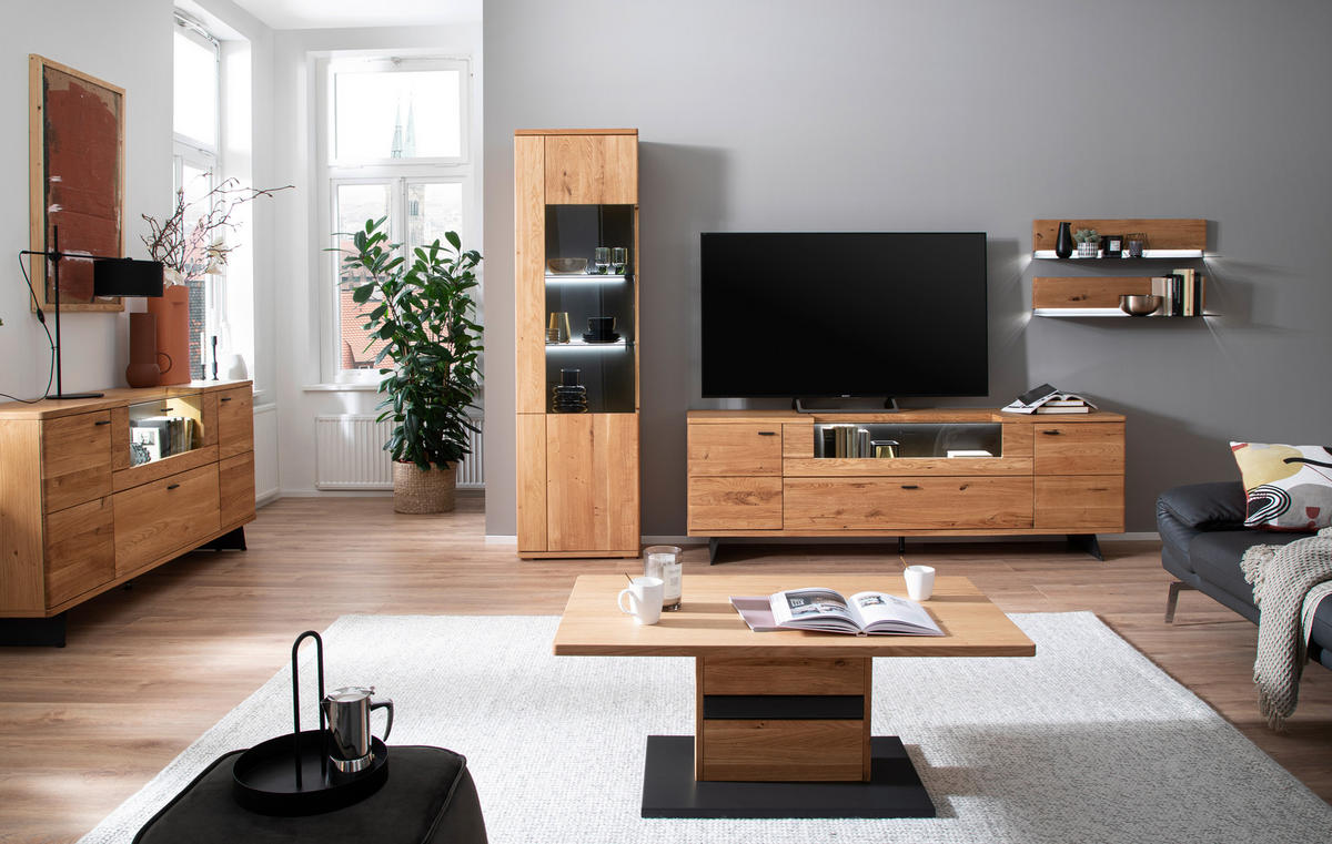 WOHNWAND 3-teilig  in Wildeiche 340/209/50 cm  - Wildeiche/Anthrazit, Natur, Glas/Holz (340/209/50cm) - Linea Natura