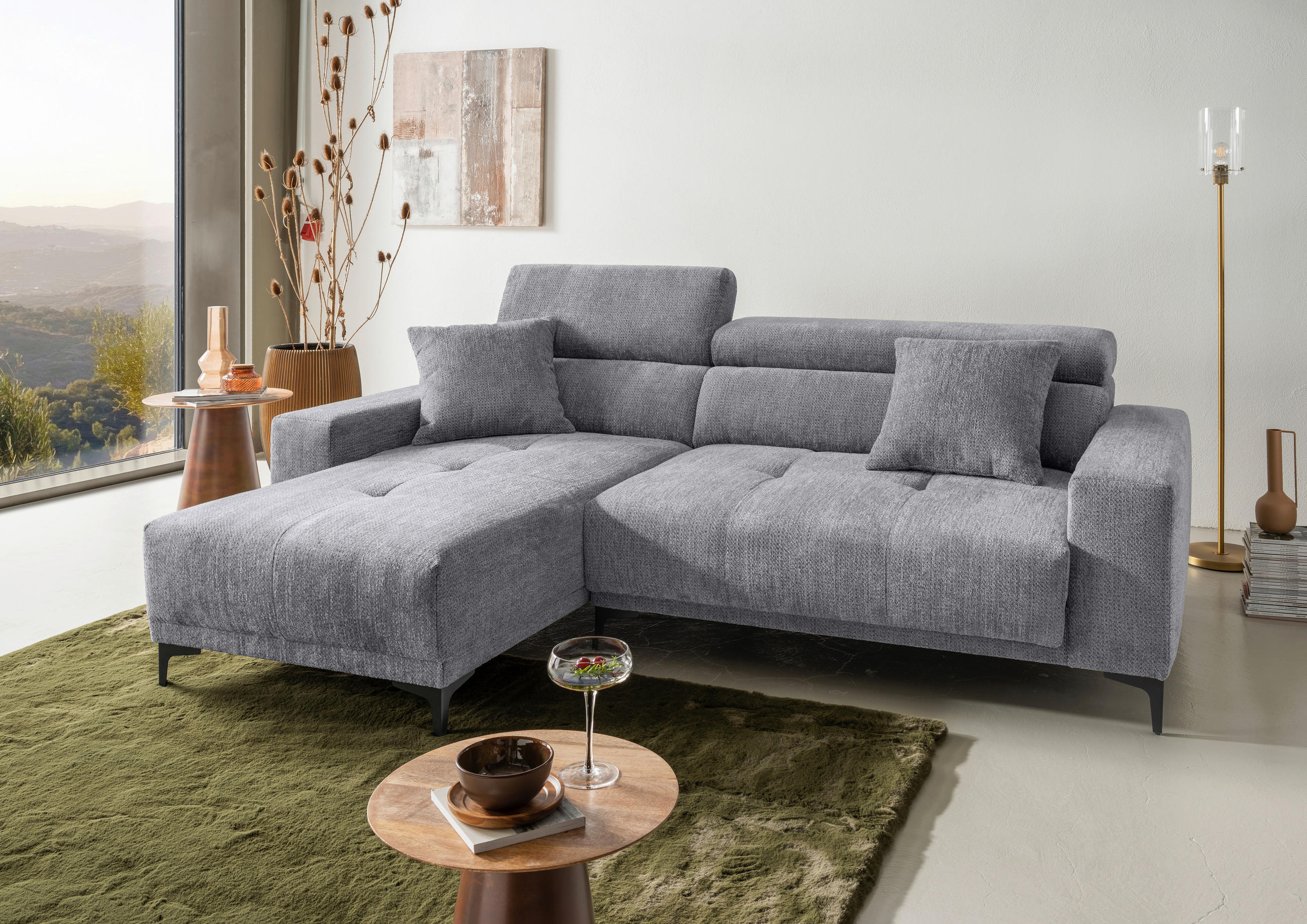 ECKSOFA Chenille Grau  - Schwarz/Grau, Basics, Textil/Metall (183/250cm) - Livetastic