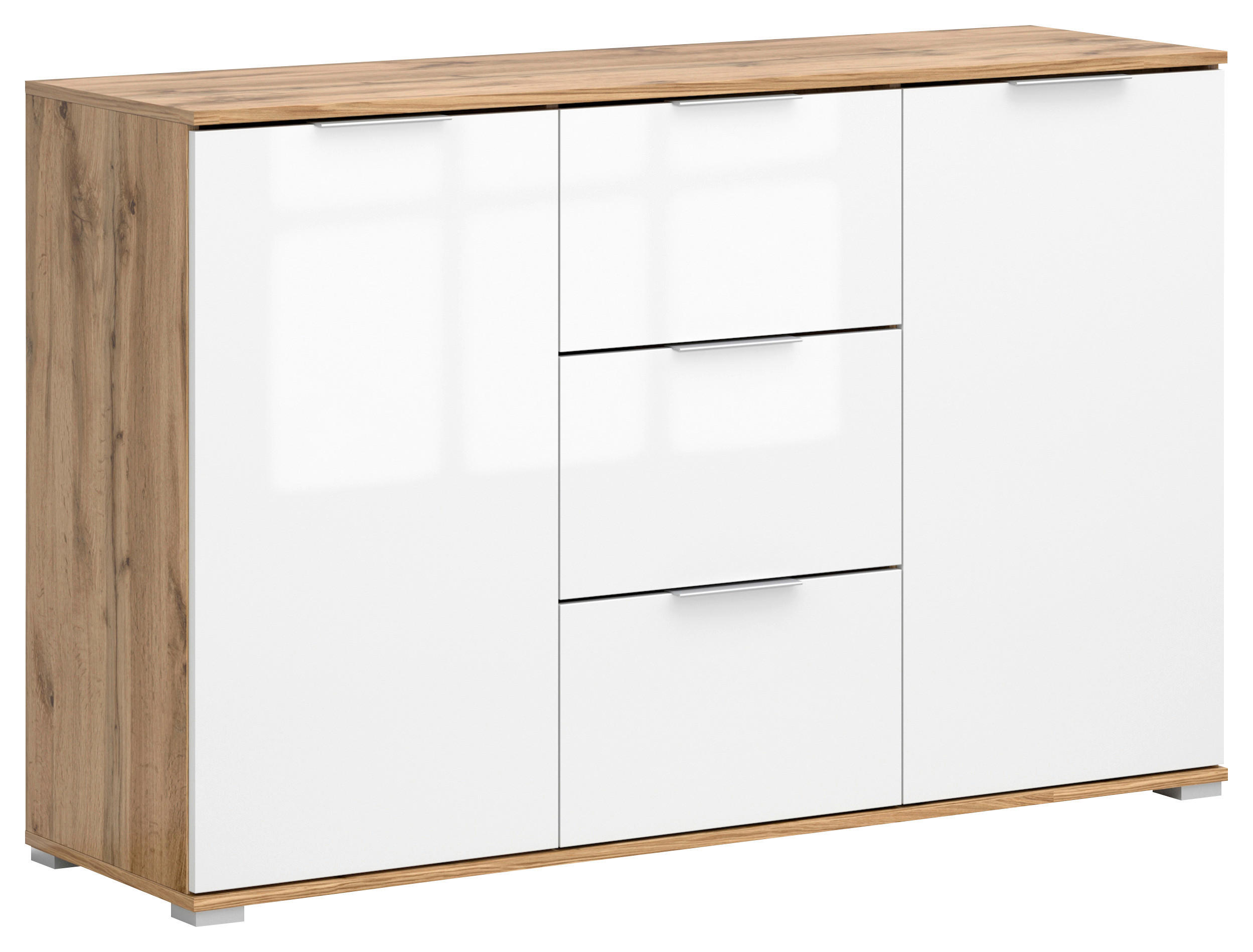 KOMMODE , 135/86/41 cm, 3 Schublade(n)  - Weiß Hochglanz/Silberfarben, Design, Holzwerkstoff/Kunststoff (135/86/41cm)