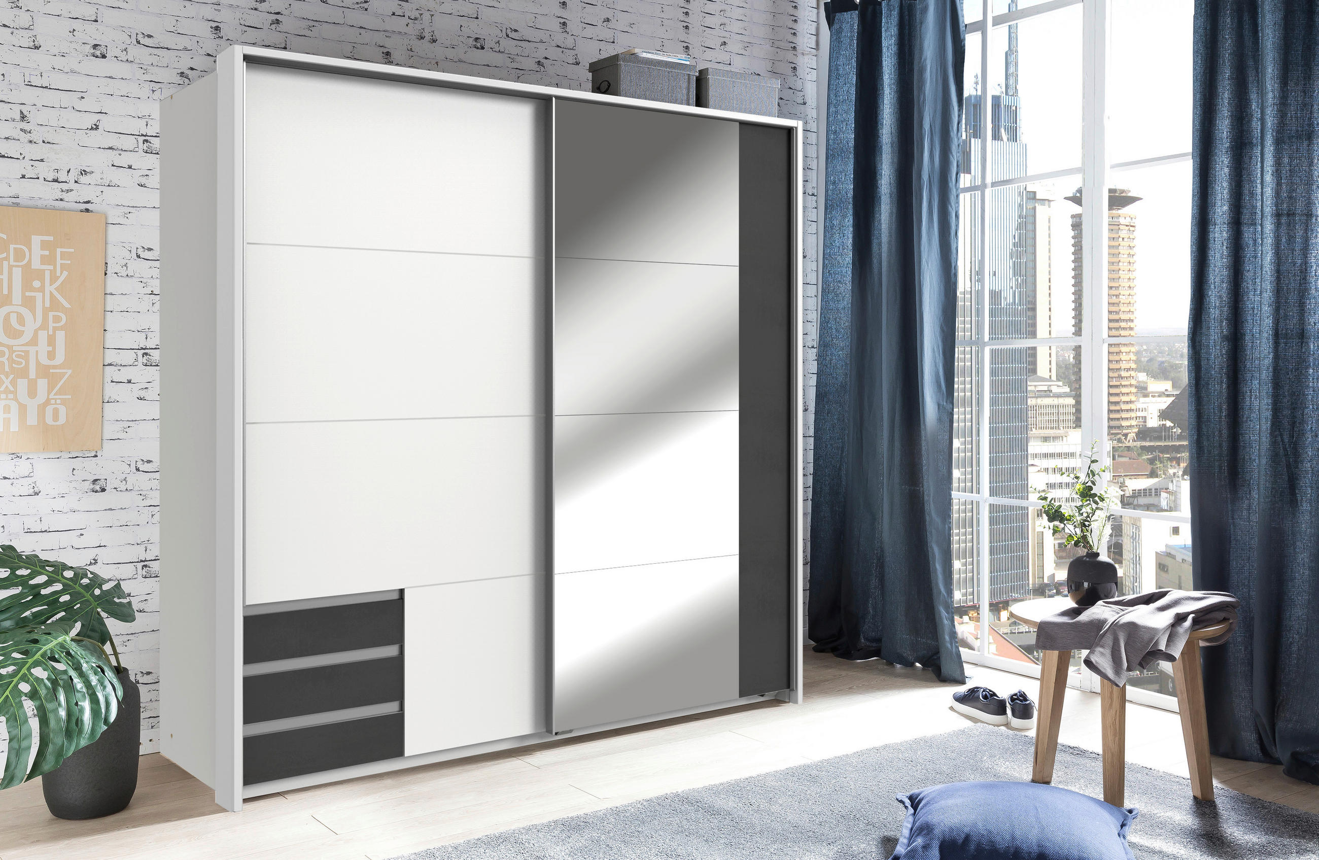 SCHWEBETÜRENSCHRANK  in Graphitfarben, Weiß  - Alufarben/Graphitfarben, Design, Glas/Holzwerkstoff (179/198/64cm) - Carryhome