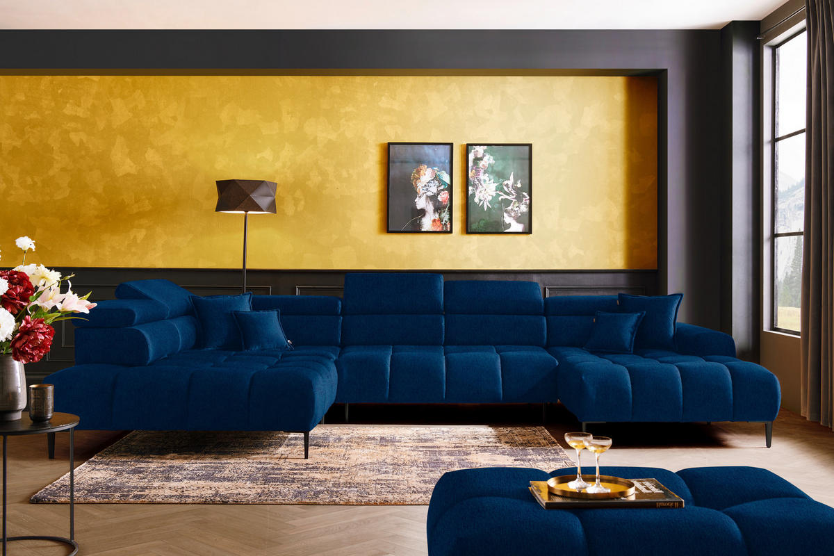 WOHNLANDSCHAFT in Samt, Webstoff Blau  - Blau/Schwarz, Design, Textil/Metall (216/385/177cm) - Welnova