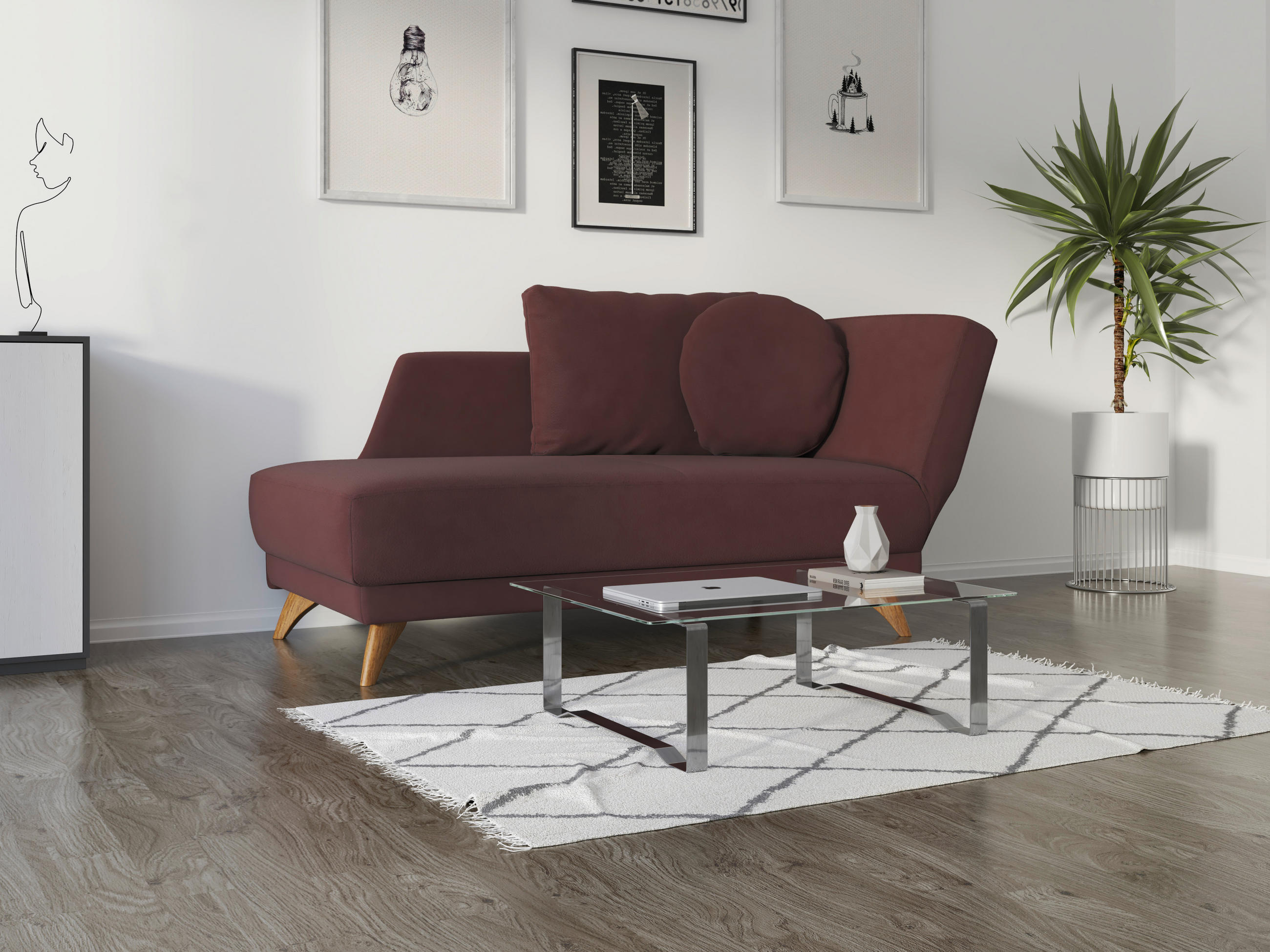 RÉCAMIERE in Flachgewebe Weinrot  - Eichefarben/Weinrot, Modern, Holz/Textil (205/74-87/94cm) - Bali
