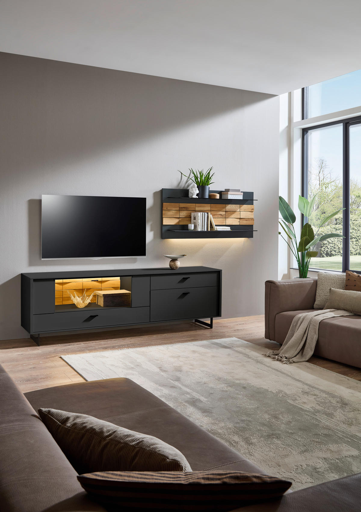 WOHNWAND  in Grau, Eichefarben  299,4/170,4/46,4 cm  - Eichefarben/Anthrazit, Design, Glas/Holz (299,4/170,4/46,4cm) - Novel