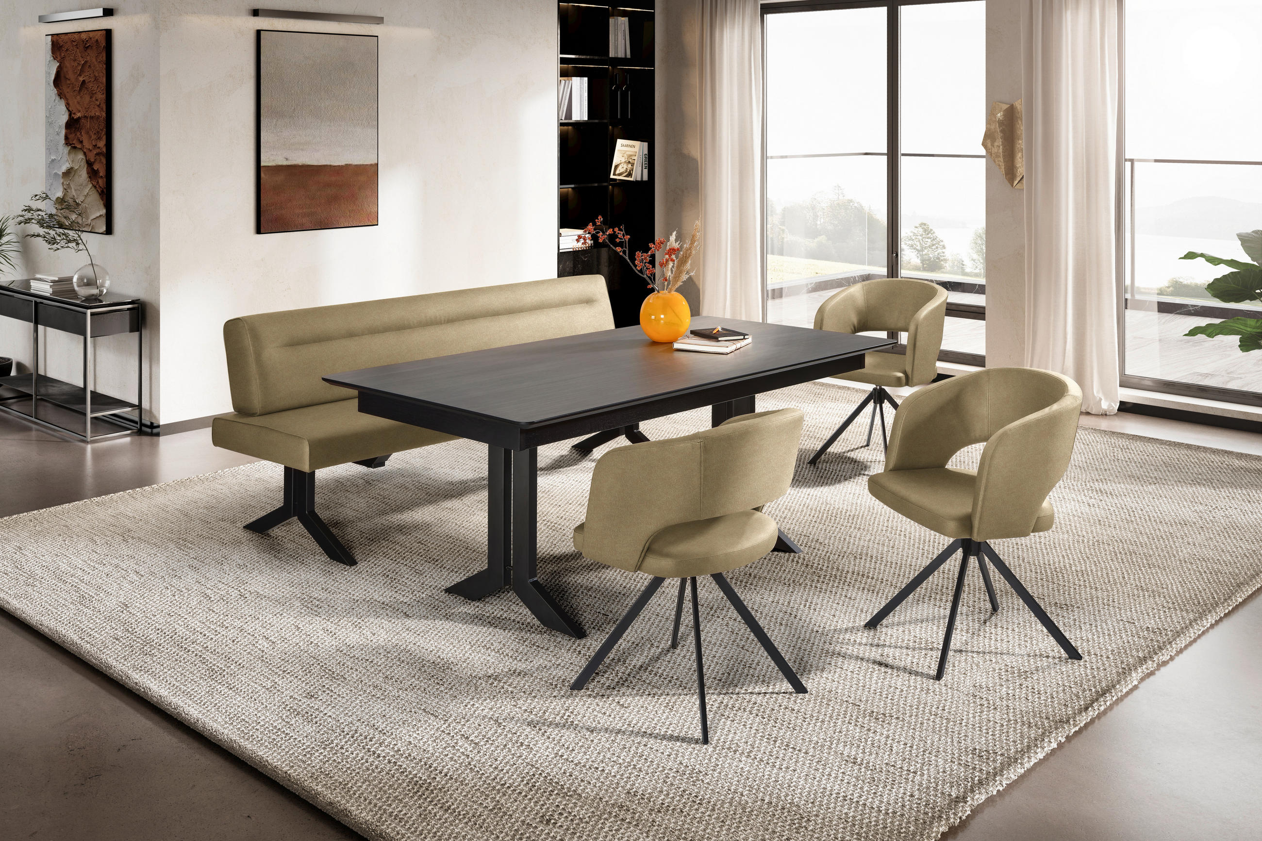 SITZBANK in Metall, Textil Olivgrün  - Schwarz/Olivgrün, Konventionell, Textil/Metall (220/87/70cm) - Moderano