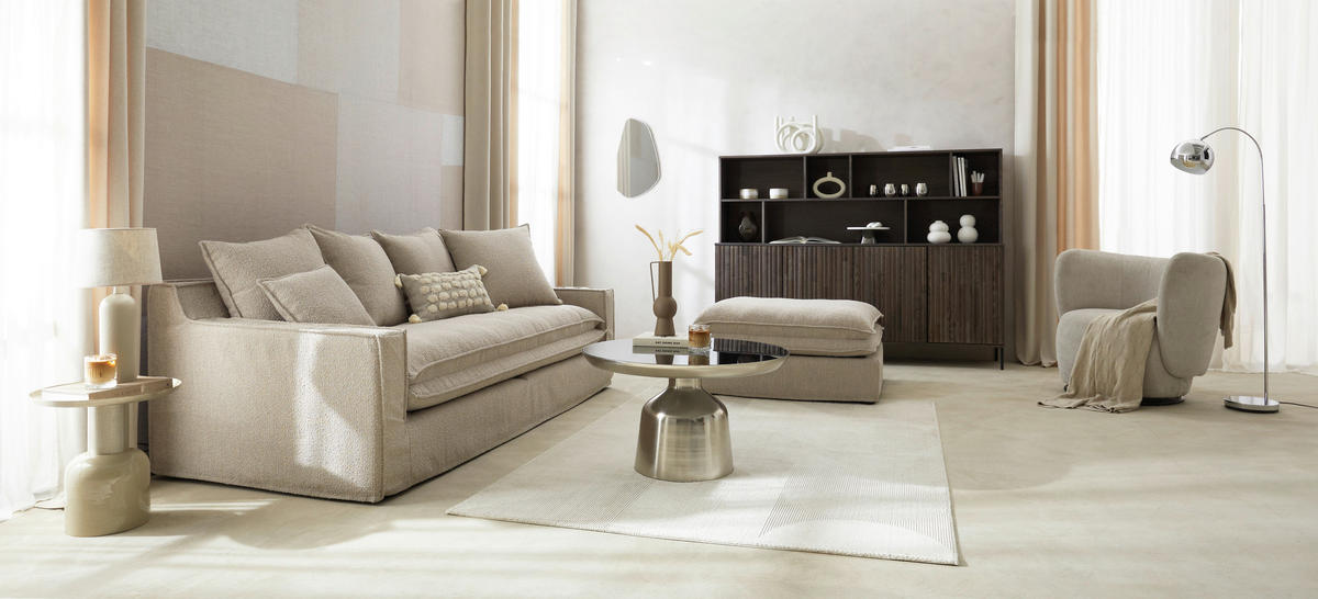 HUSSEN-3-SITZER-SOFA in Bouclé Beige  - Beige/Schwarz, Trend, Kunststoff/Textil (227/92/105cm) - Livetastic
