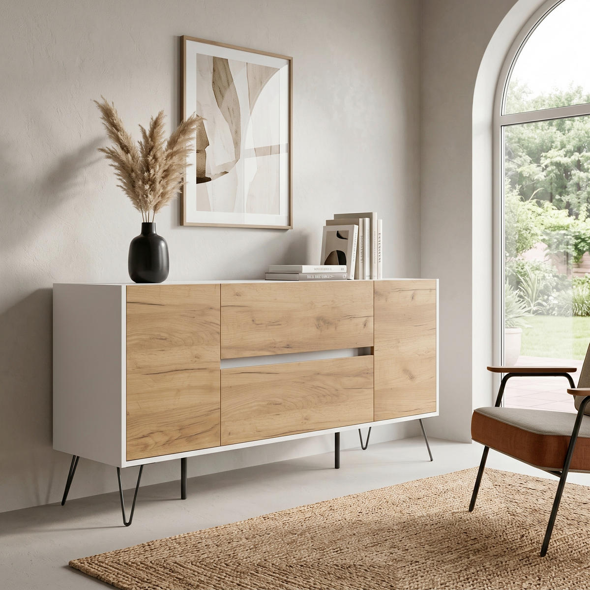 SIDEBOARD Posseik Industrial 155/75,8/42 cm 2 Schublade(n)  - Eichefarben/Weiß Hochglanz, Design, Holzwerkstoff/Metall (155/75,8/42cm) - MID.YOU