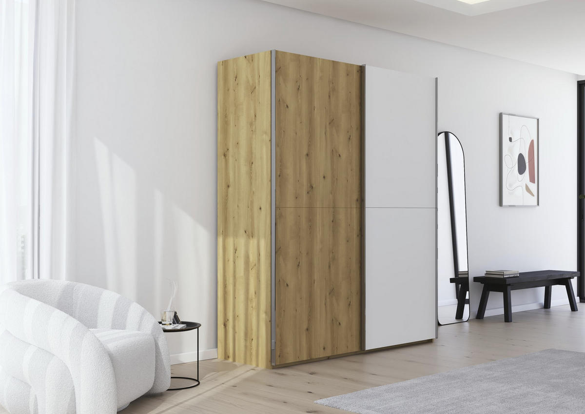 SCHWEBETÜRENSCHRANK 180/223/68 cm 2-türig Weiß, Eichefarben, Chromfarben  - Chromfarben/Eichefarben, Design, Glas/Holz (180/223/68cm) - Novel