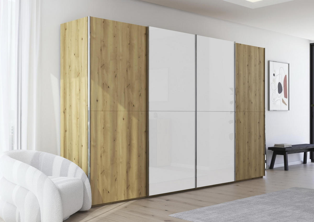 SCHWEBETÜRENSCHRANK 360/223/68 cm 4-türig Weiß, Eichefarben, Chromfarben  - Chromfarben/Eichefarben, Design, Glas/Holz (360/223/68cm) - Novel