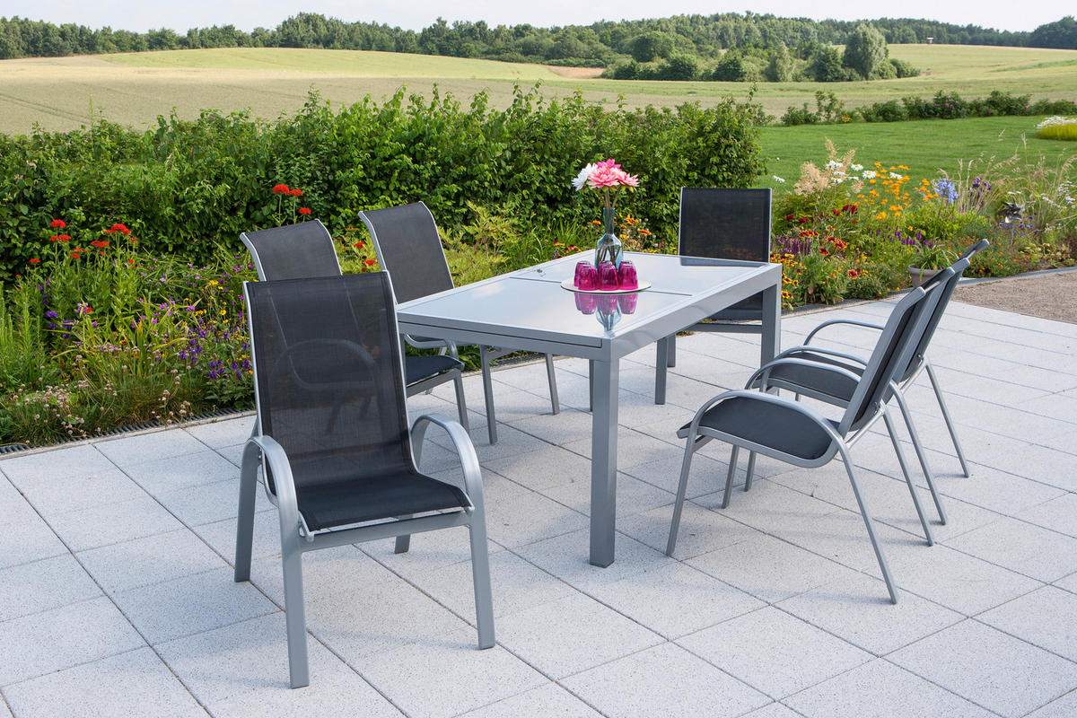 GARTENTISCHGRUPPE  - Silberfarben/Schwarz, ROMANTIK / LANDHAUS, Glas/Textil (160/90/75cm) - Gardenson