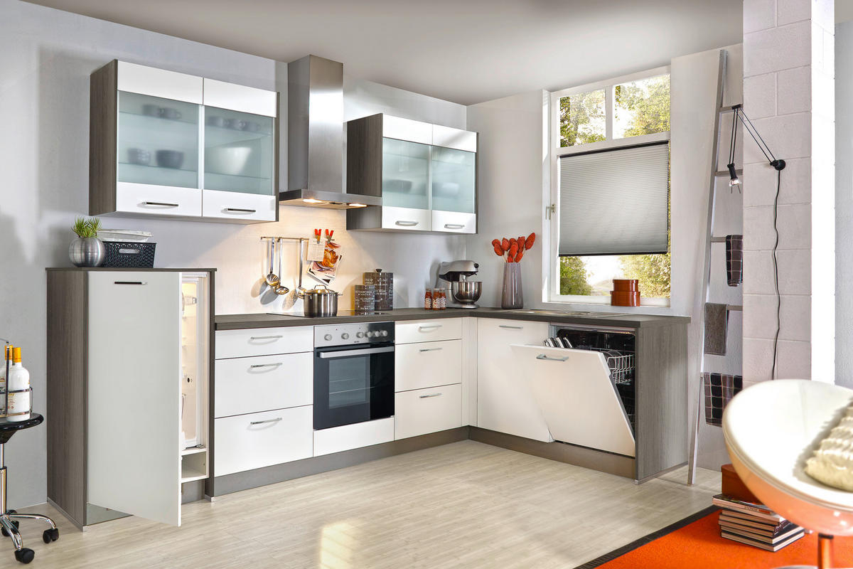 KÜCHENLEERBLOCK  305/185 cm  in Weiß, Eiche grau  - Edelstahlfarben/Eiche grau, KONVENTIONELL, Holzwerkstoff/Metall (305/185cm) - Express