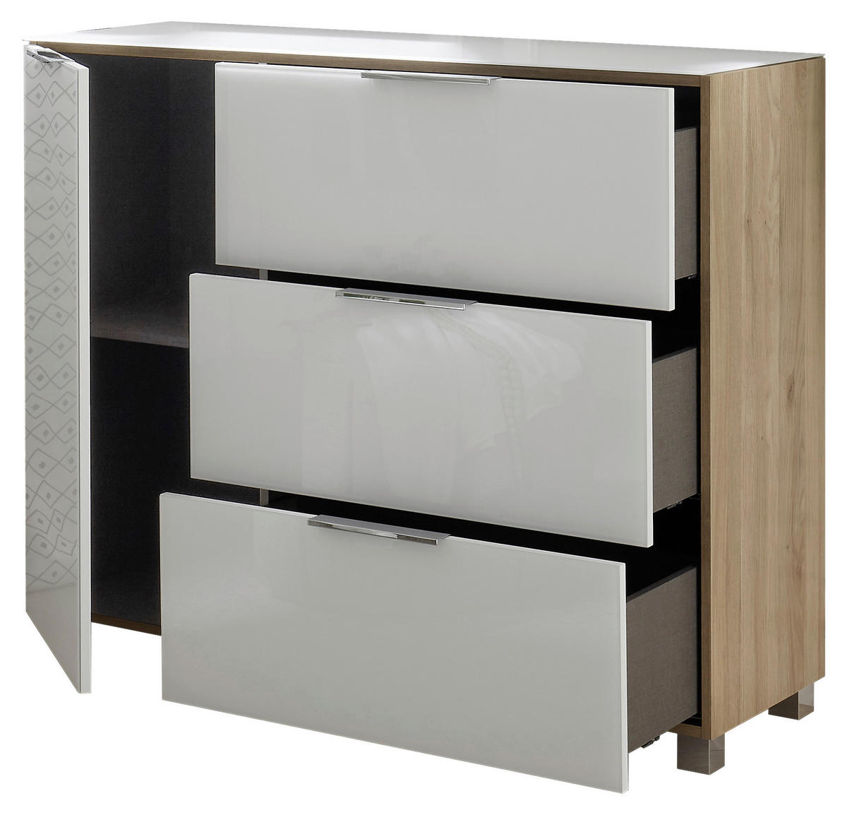 KOMMODE , 120,5/96/38,2 cm, 3 Schublade(n)  - Chromfarben/Weiss, Konventionell, Glas/Holzwerkstoff (120,5/96/38,2cm) - Xora