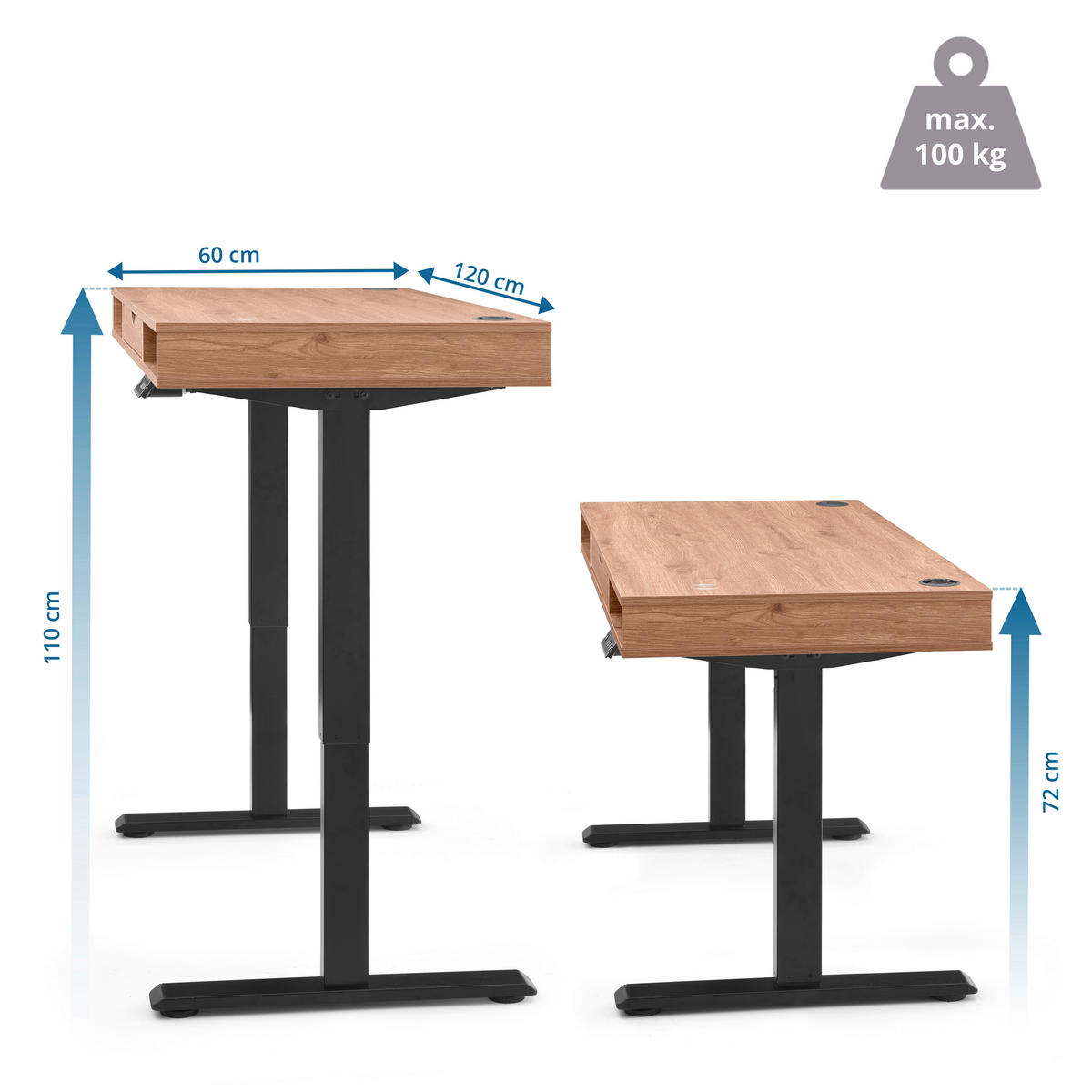 SCHREIBTISCH 120/60/72-110 cm  in Schwarz, Eichefarben  - Eichefarben/Schwarz, MODERN, Holz/Metall (120/60/72-110cm) - MID.YOU