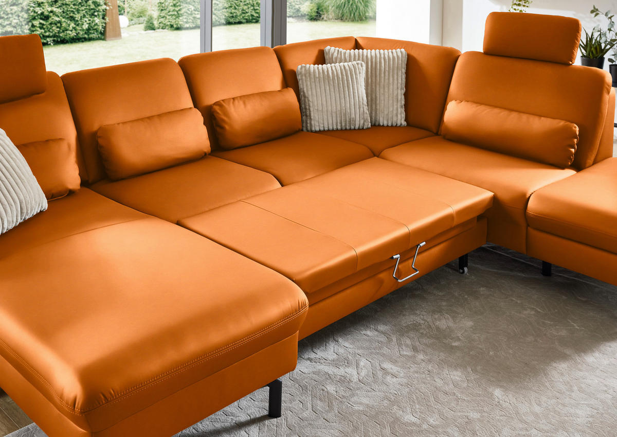 WOHNLANDSCHAFT Echtleder Orange  - Schwarz/Orange, Konventionell, Leder/Metall (168/306/224cm) - Beldomo Premium
