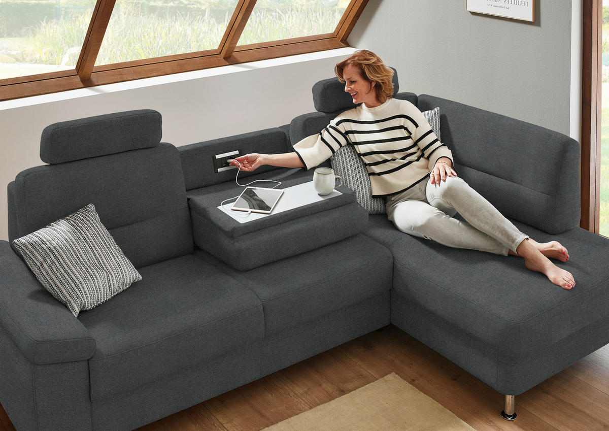 ECKSOFA Flachgewebe Anthrazit  - Anthrazit/Alufarben, Konventionell, Textil/Metall (244/160cm) - Beldomo Comfort