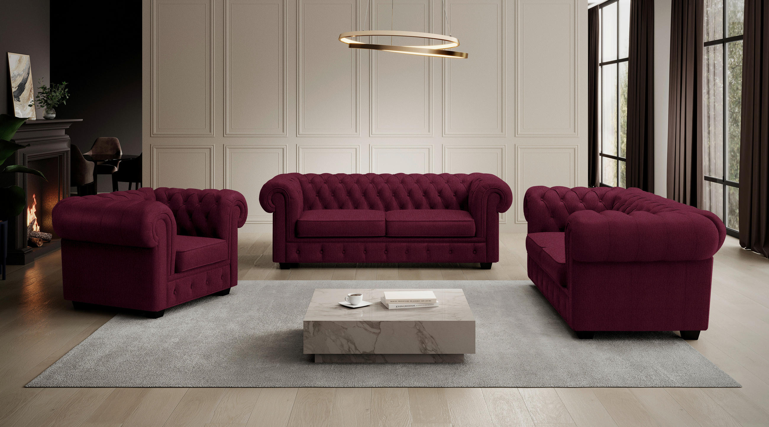 CHESTERFIELD-SOFA in Webstoff Bordeaux  - Wengefarben/Bordeaux, Lifestyle, Holz/Textil (206/76,5/96cm) - Landscape