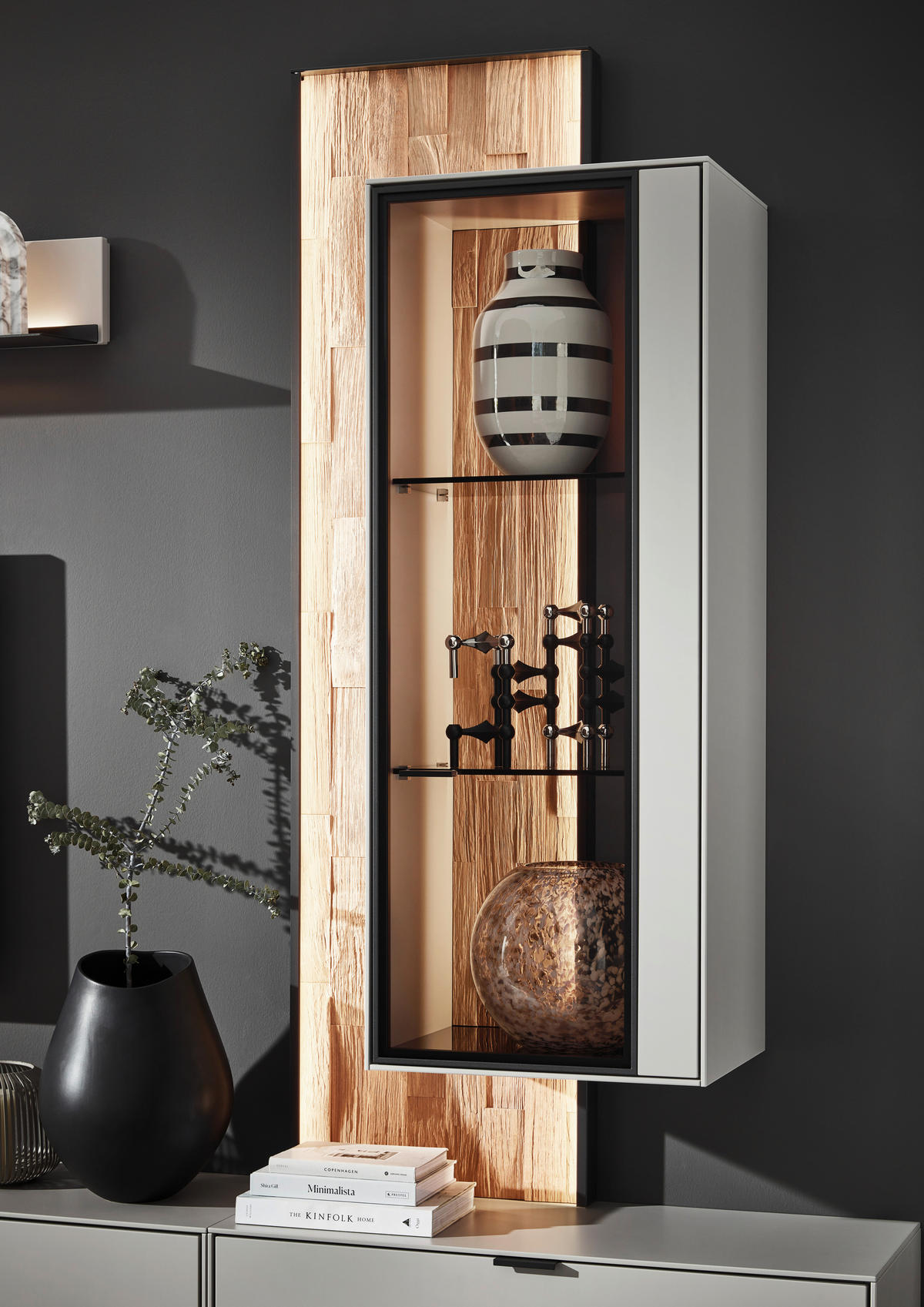 WOHNWAND  in Grau, Wildeiche 303,8/220,3/37,1 cm  - Wildeiche/Schwarz, Design, Glas/Holz (303,8/220,3/37,1cm) - Dieter Knoll