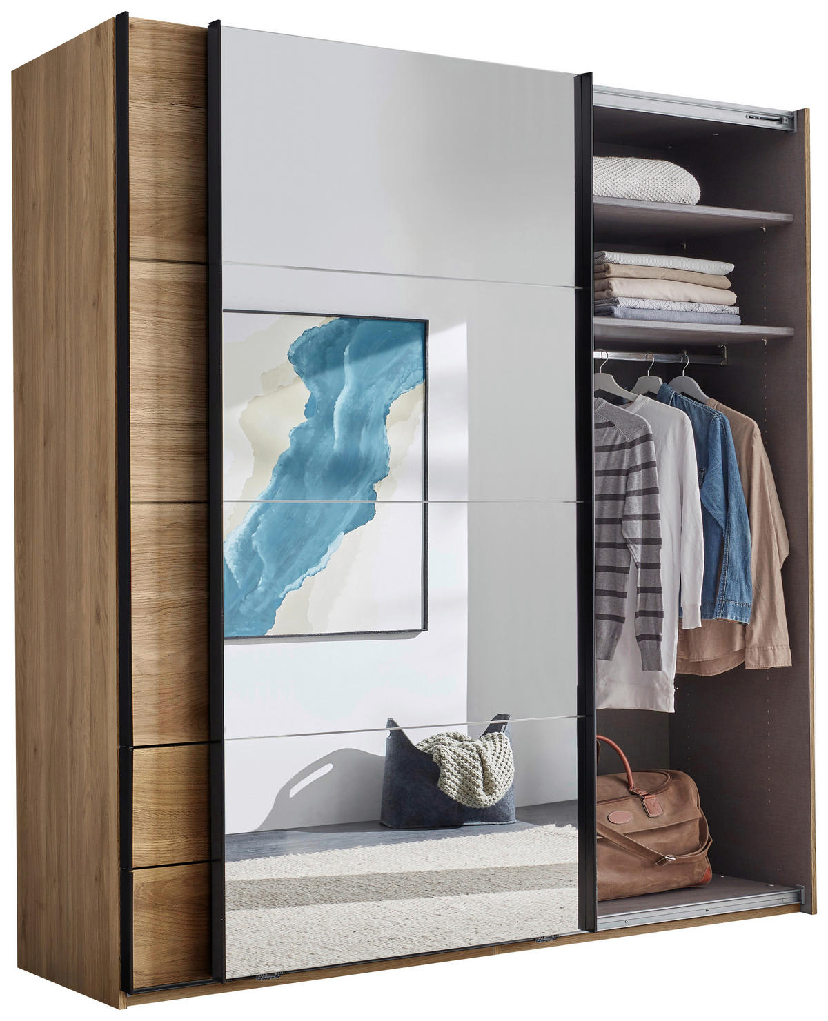 SCHWEBETÜRENSCHRANK Eichefarben  - Eichefarben/Schwarz, Modern, Glas/Holzwerkstoff (215/225,5/60,5cm) - Xora