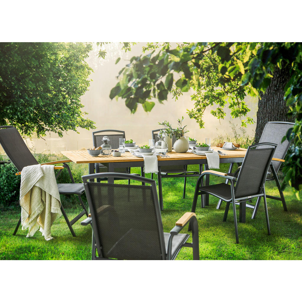 Thumbnail - Ambia Garden Stapelsessel, Anthrazit, Schwarz, Holz, Metall, Textil, Teakholz, massiv, Rundrohr, Flachrohr, 58x91 cm, Fs...