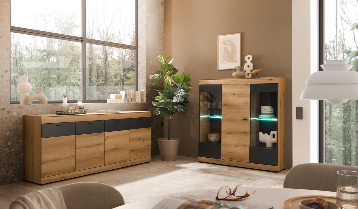 HIGHBOARD , 140/141/35 cm,  - Eichefarben/Schwarz, Design, Glas/Holzwerkstoff (140/141/35cm) - MID.YOU